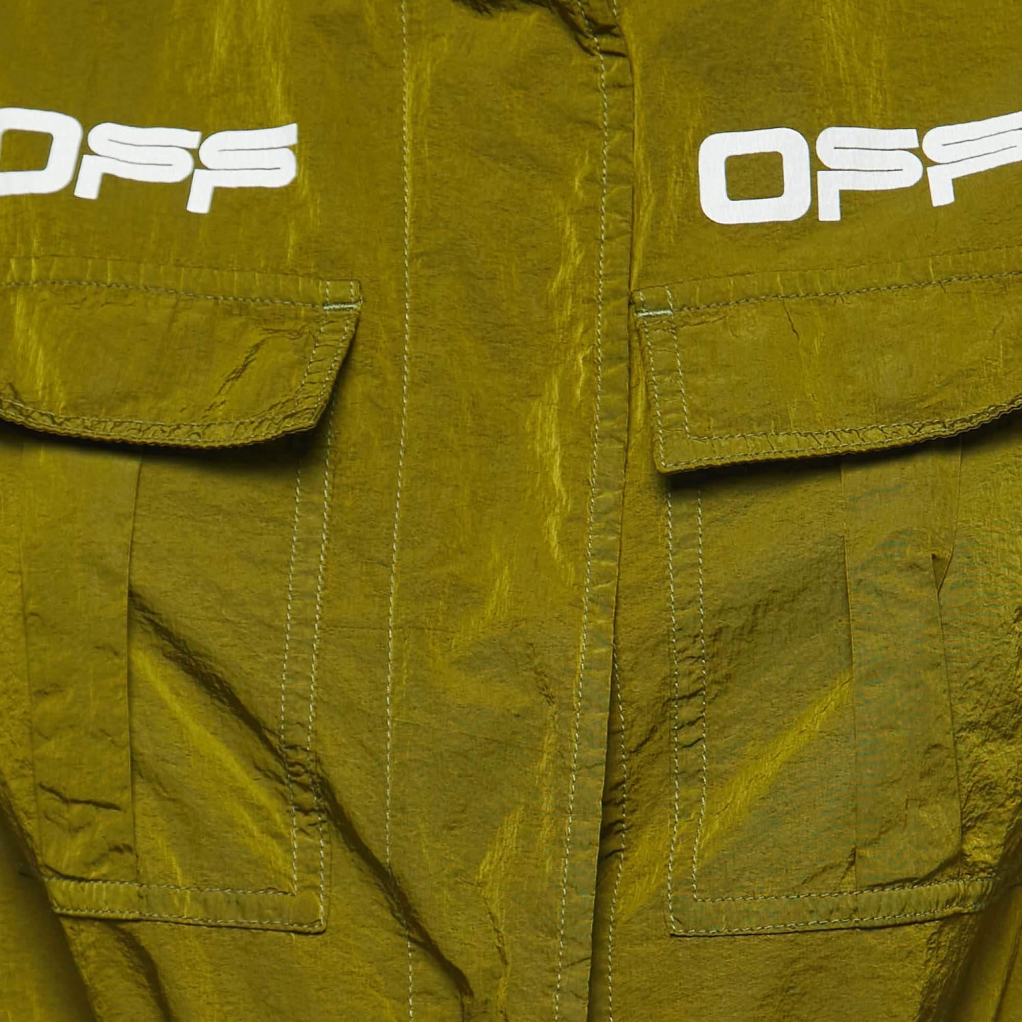 Off-White Green Logo Print Nylon Button Front Belted Field Jacket S In Good Condition For Sale In Dubai, Al Qouz 2
