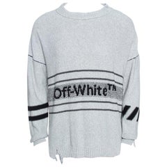 Off White Grey Logo Embroidered Knit Distressed Jumper S