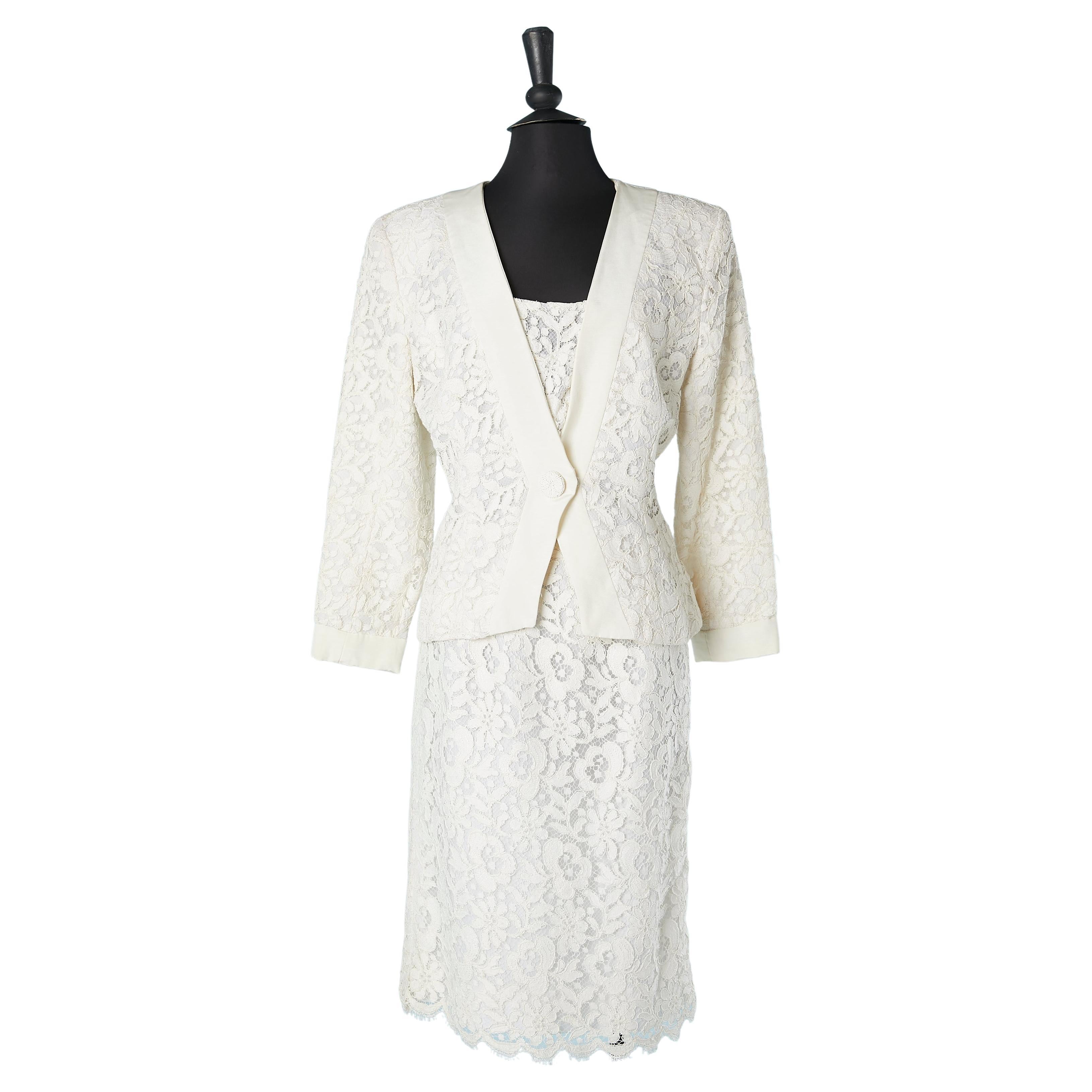 Gonna-suit in guipure bianco sporco Victor Costa in vendita