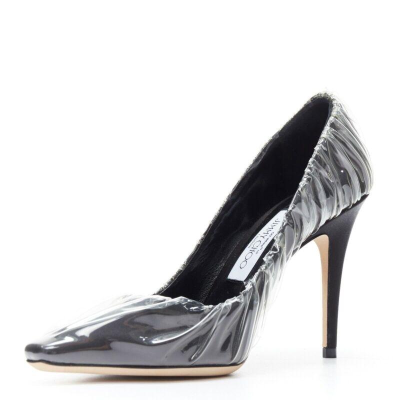 JIMMY CHOO - Chaussures à talons hauts en satin noir à pointes transparentes EU38 Bon état - En vente à Hong Kong, NT