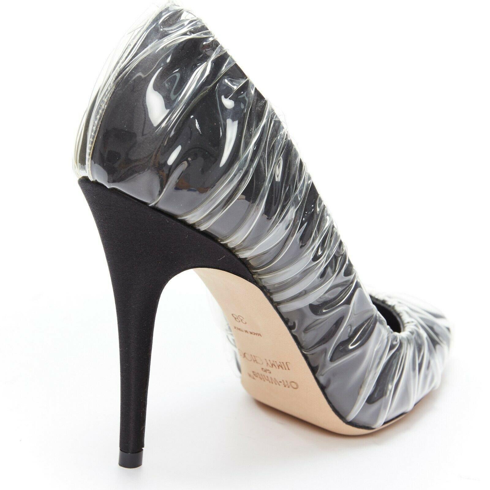 Women's OFF-WHITE JIMMY CHOO black satin point transparent ruche high heel shoes EU38 For Sale