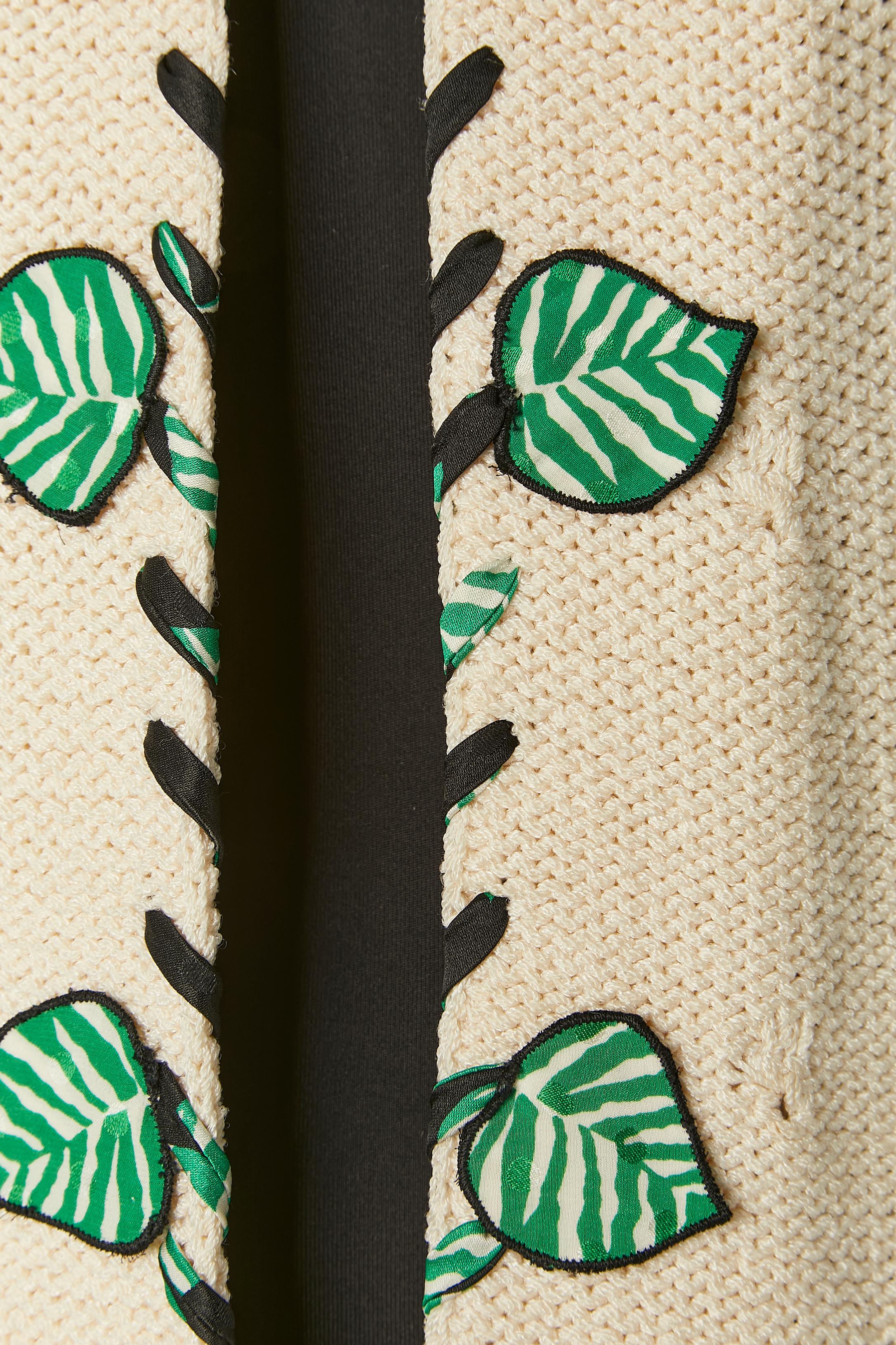 Beige Off-white knit cotton cardigan with fabric leeves appliqué ADOLFO For Sale