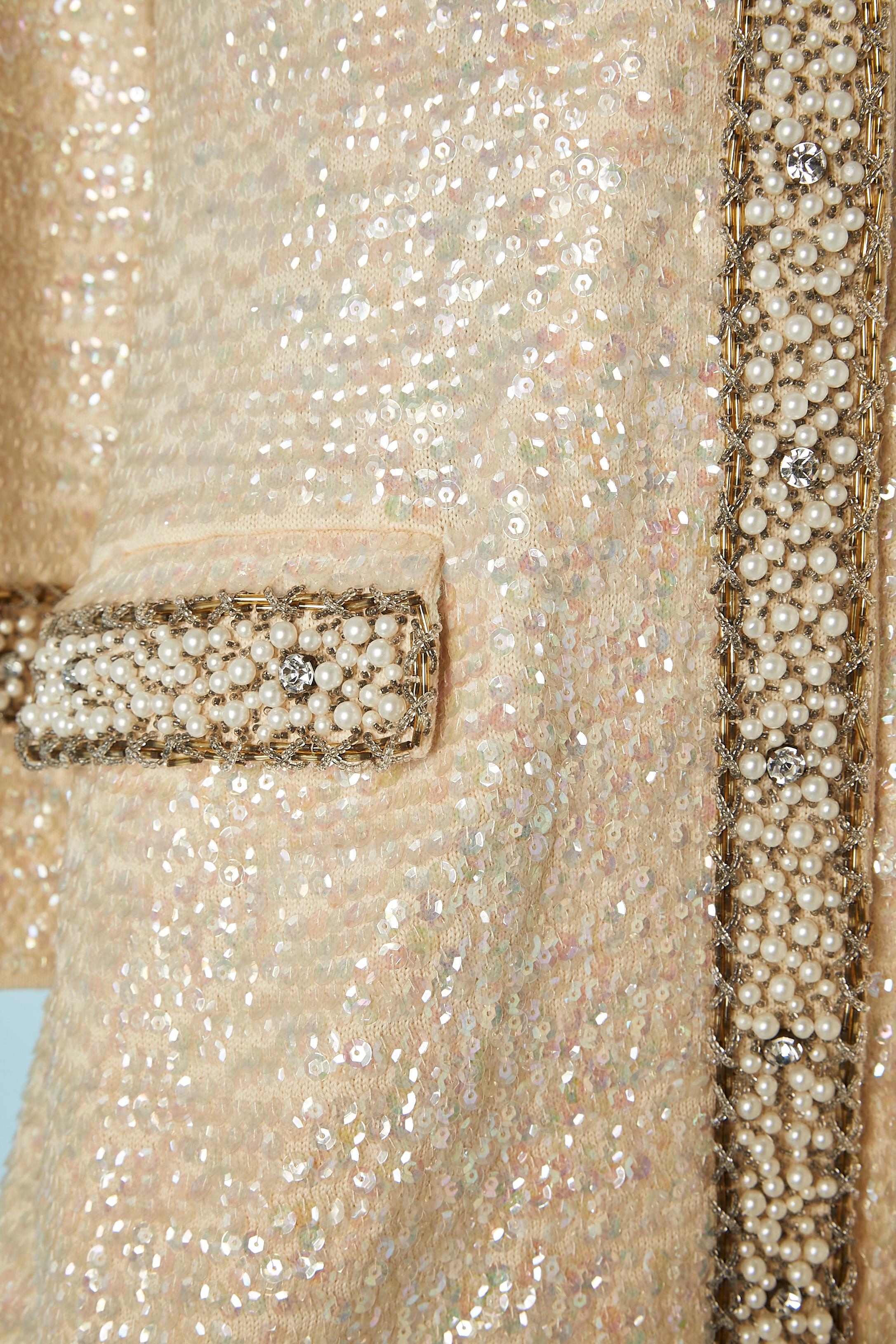 Ensemble veste et pantalon en maille blanc cassé avec perles et sequins De Paul NY  Bon état - En vente à Saint-Ouen-Sur-Seine, FR