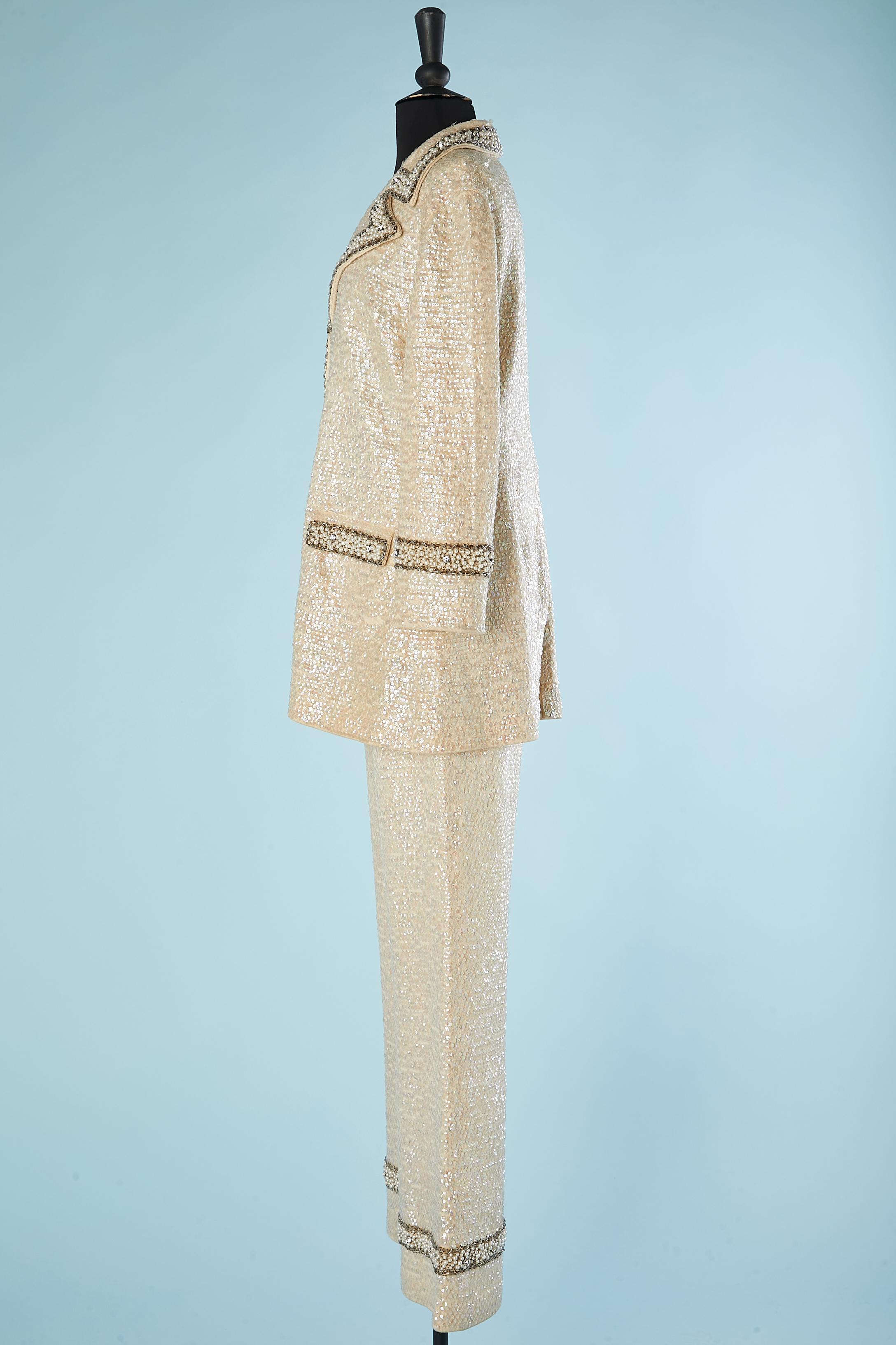 Women's Off white knit jacket and trouser ensemble with beadwork and sequin De Paul NY  For Sale