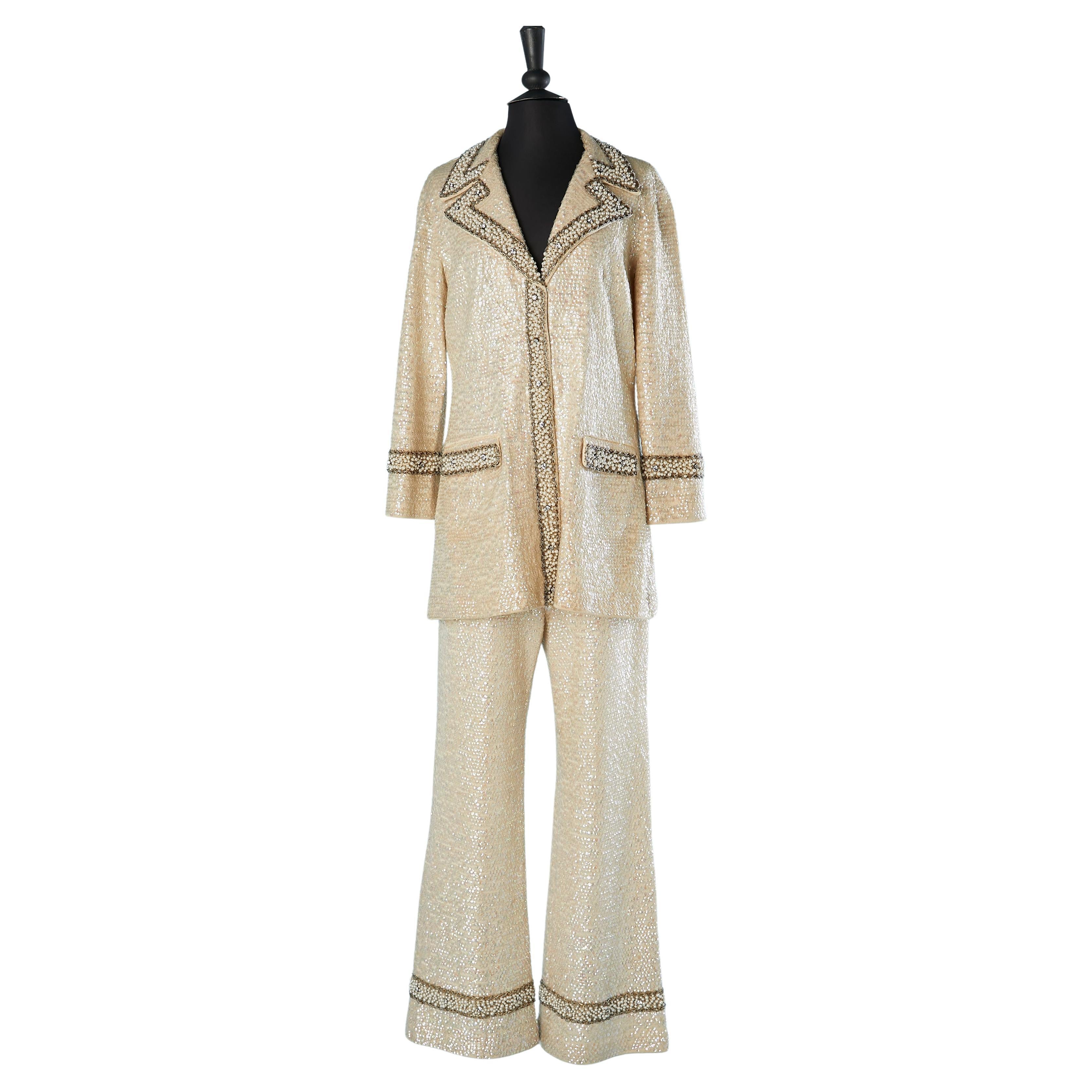 Off white knit jacket and trouser ensemble with beadwork and sequin De Paul NY  For Sale
