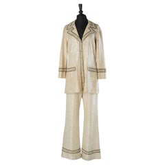 Off white knit jacket and trouser ensemble with beadwork and sequin De Paul NY 