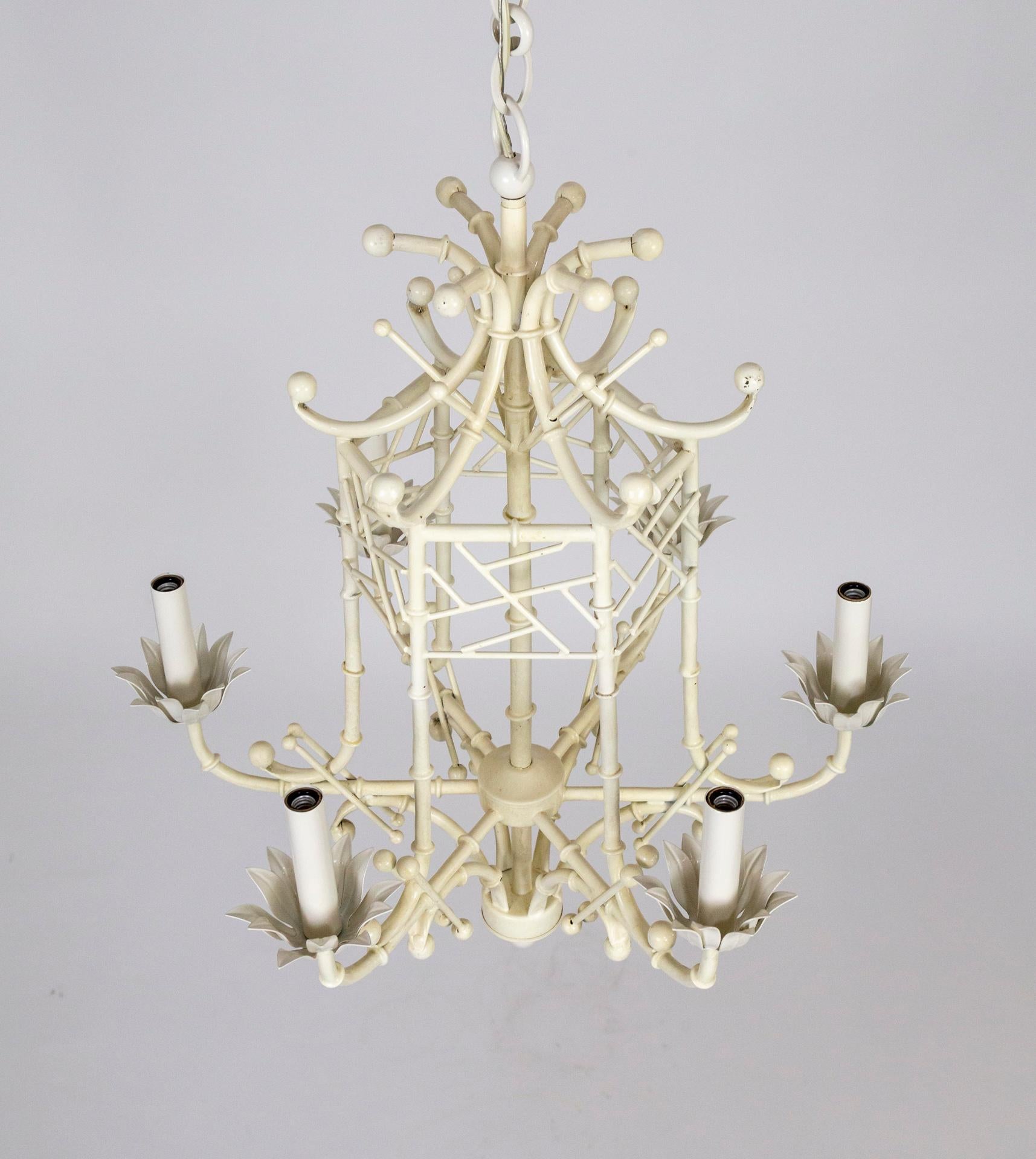 Hollywood Regency Off-White Lacquered Faux Bamboo Pagoda 6-Light Chandelier 