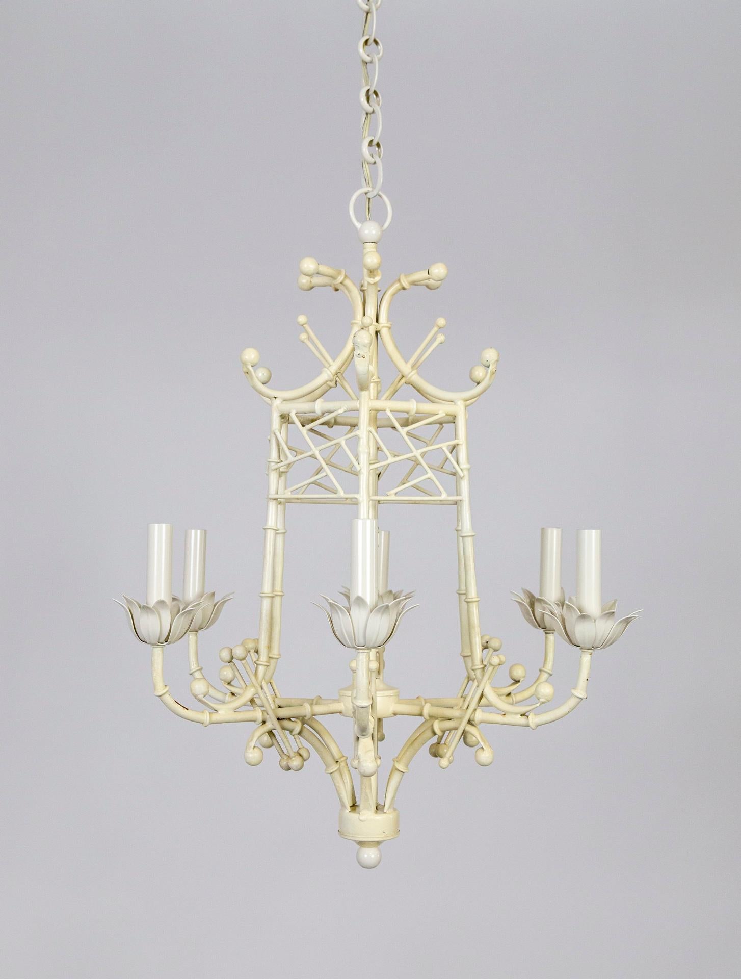 20th Century Off-White Lacquered Faux Bamboo Pagoda 6-Light Chandelier 