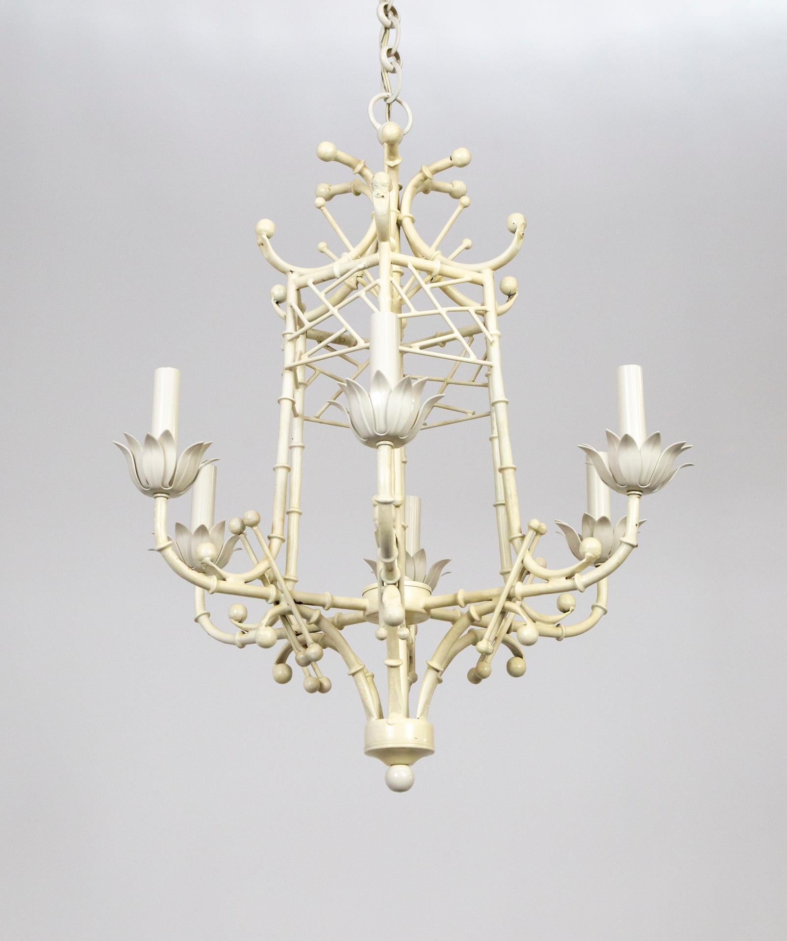 Metal Off-White Lacquered Faux Bamboo Pagoda 6-Light Chandelier 