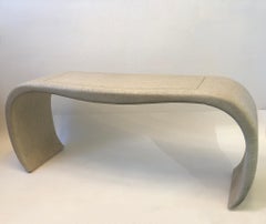 Off White Lacquered Grasscloth and Brass Waterfall Console Table