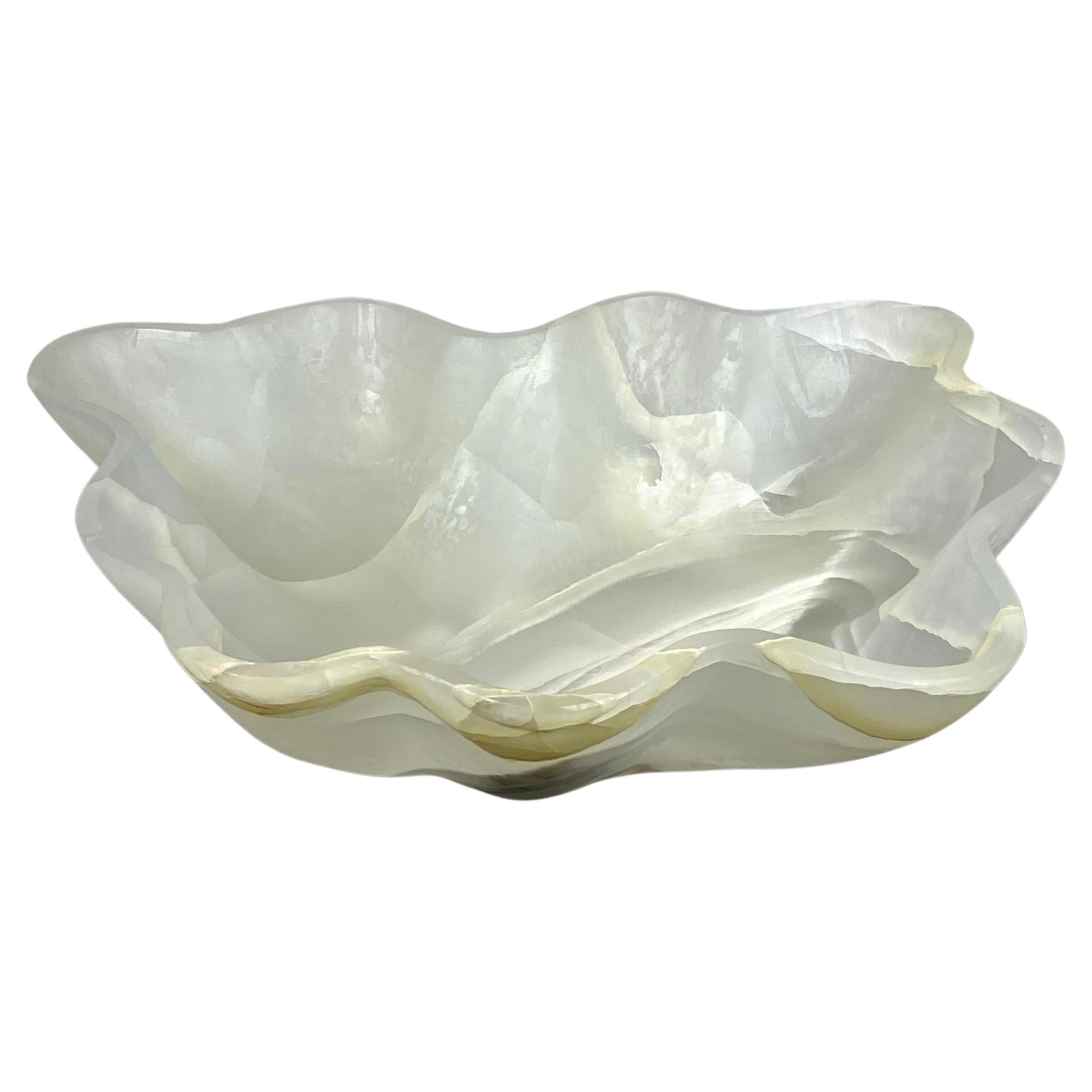 Off-White Large Hand-Carved Onyx Bowl For Sale