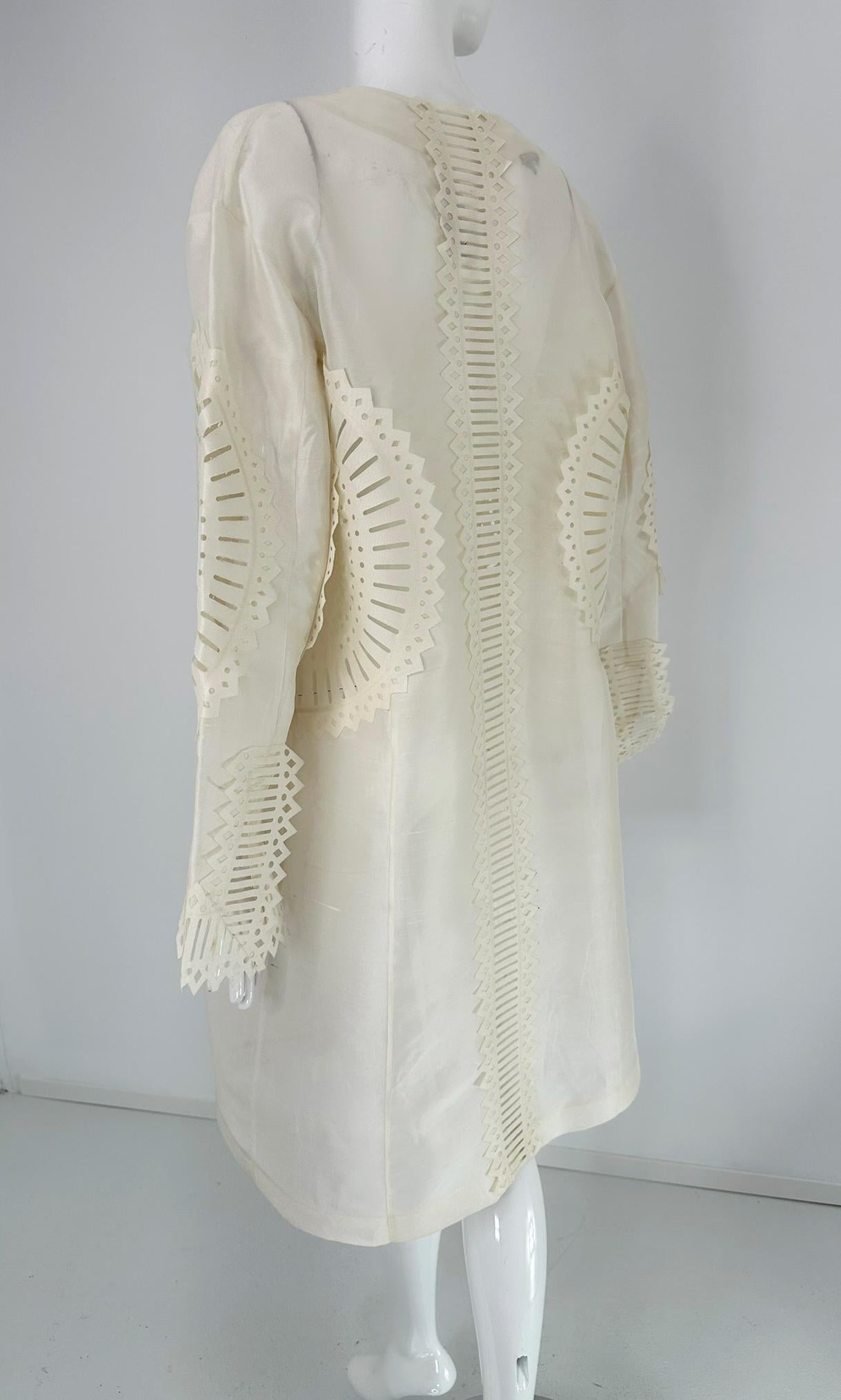 Off White Laser Cut Sheer Silk Blend Art to Wear Tie Front Coat M-L For Sale 5
