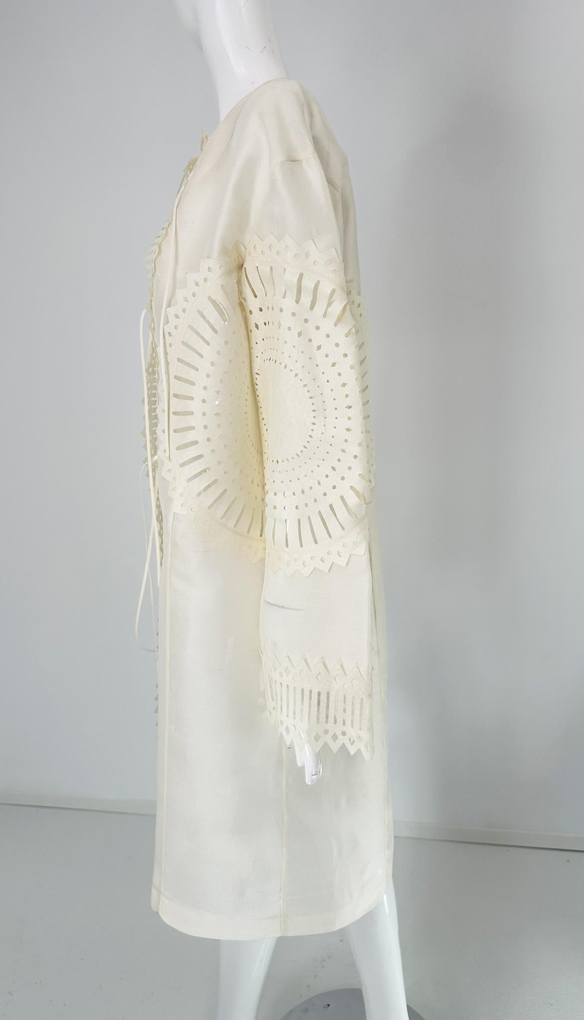 Off White Laser Cut Sheer Silk Blend Art to Wear Tie Front Coat M-L For Sale 6
