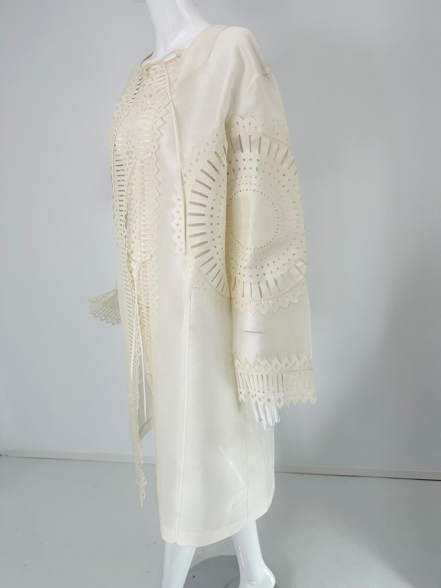 Off White Laser Cut Sheer Silk Blend Art to Wear Tie Front Coat M-L For Sale 7