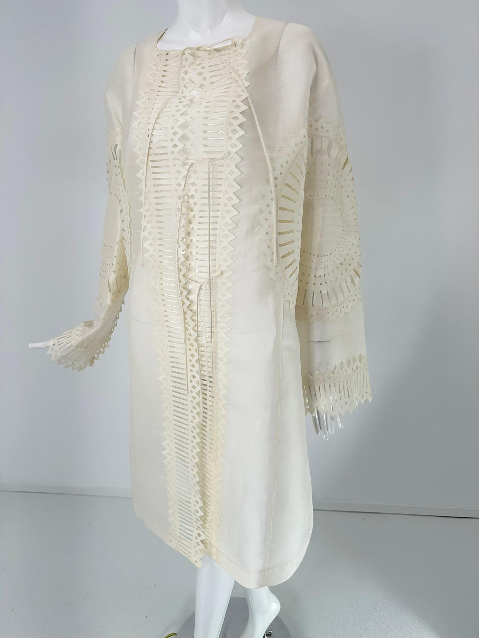 Off White Laser Cut Sheer Silk Blend Art to Wear Tie Front Coat M-L For Sale 8