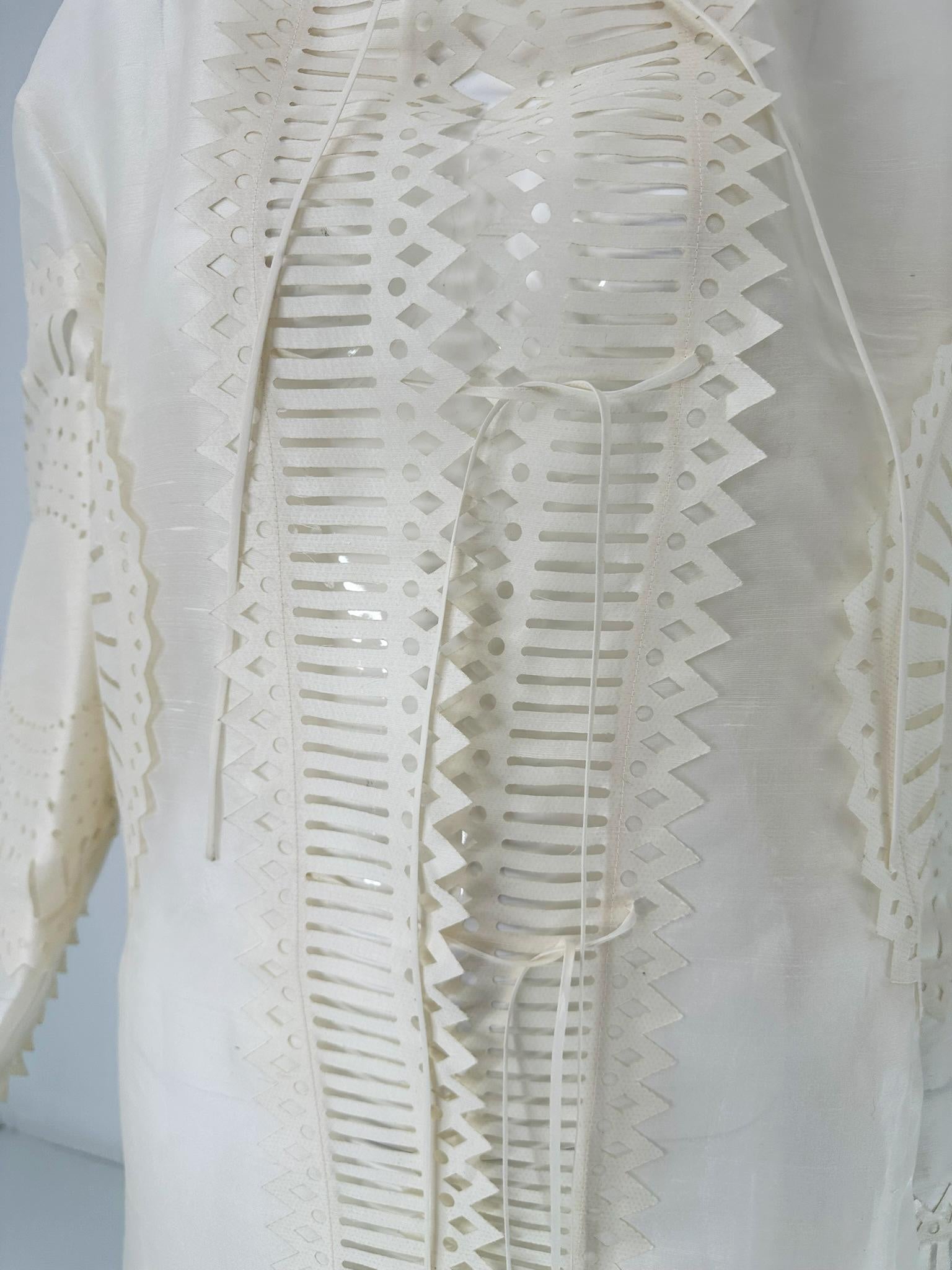 Off White Laser Cut Sheer Silk Blend Art to Wear Tie Front Coat M-L For Sale 9