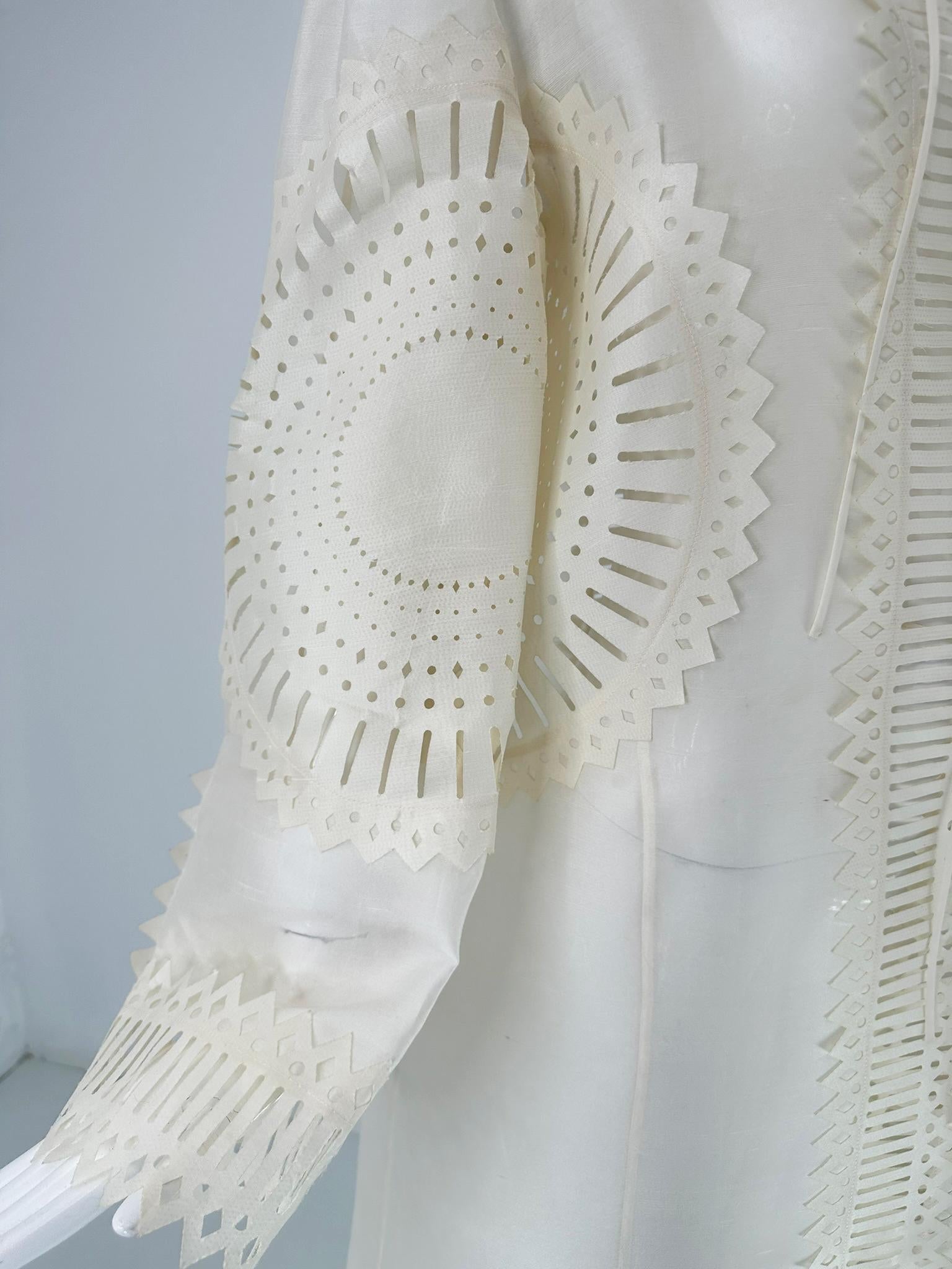 Off White Laser Cut Sheer Silk Blend Art to Wear Tie Front Coat M-L For Sale 10