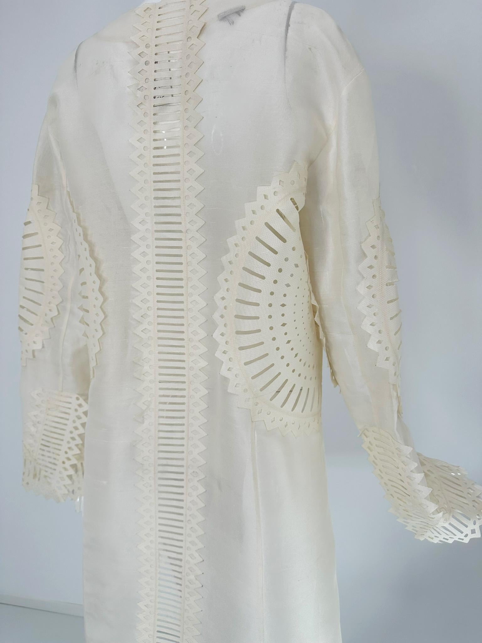 Off White Laser Cut Sheer Silk Blend Art to Wear Tie Front Coat M-L For Sale 11