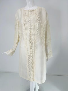 Off White Laser Cut Sheer Silk Blend Art to Wear Tie Front Coat M-L