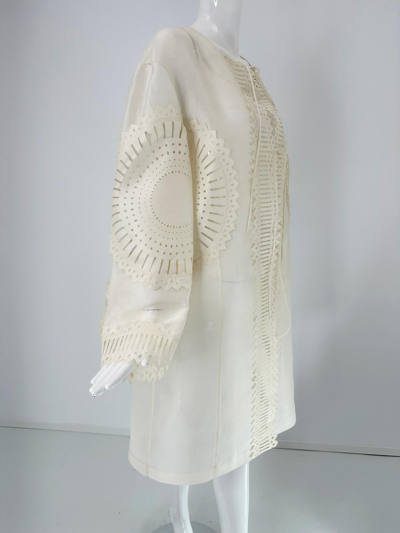 Gray Off White Laser Cut Sheer Silk Blend Art to Wear Tie Front Coat M-L For Sale