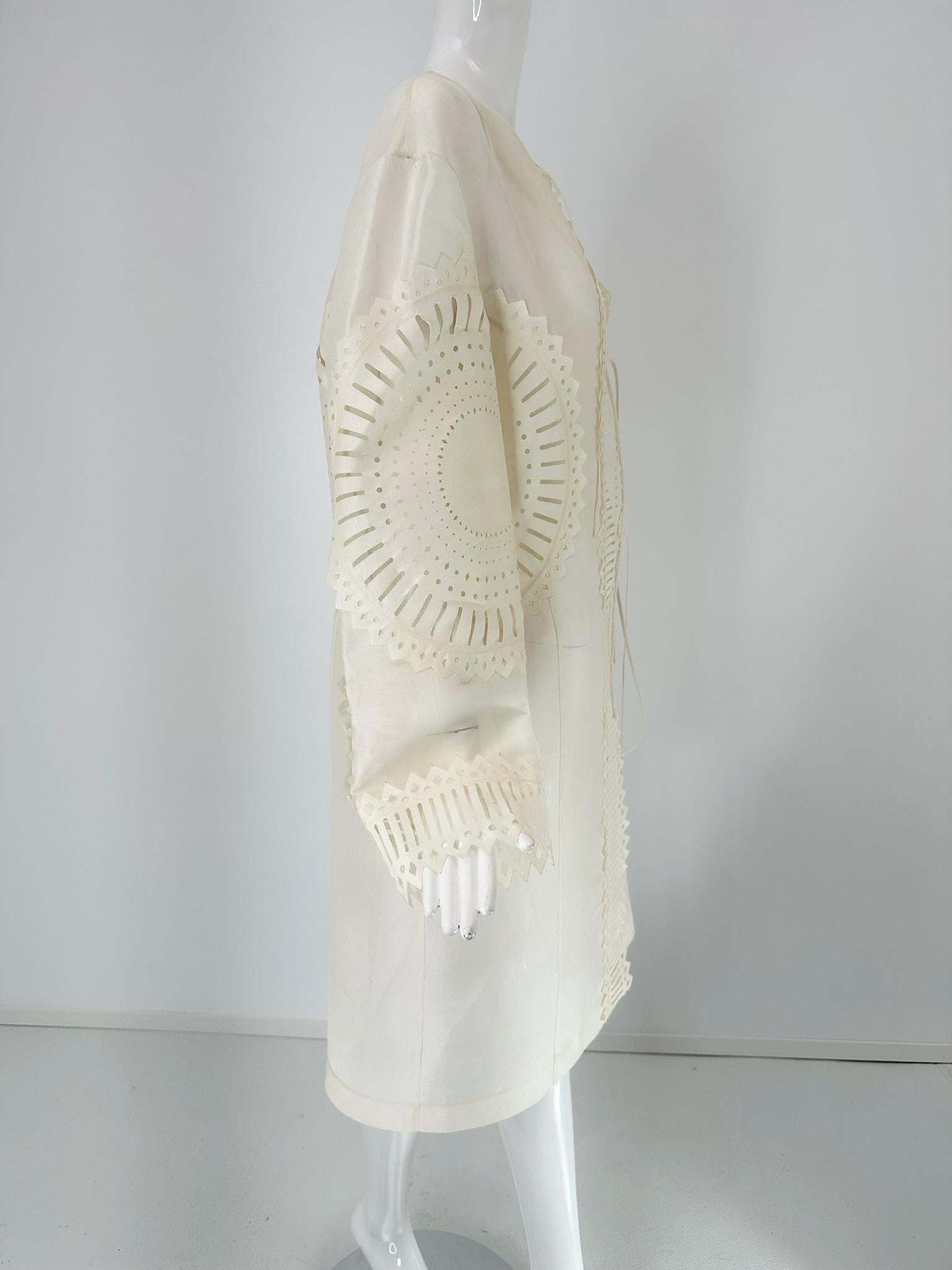 Women's Off White Laser Cut Sheer Silk Blend Art to Wear Tie Front Coat M-L For Sale