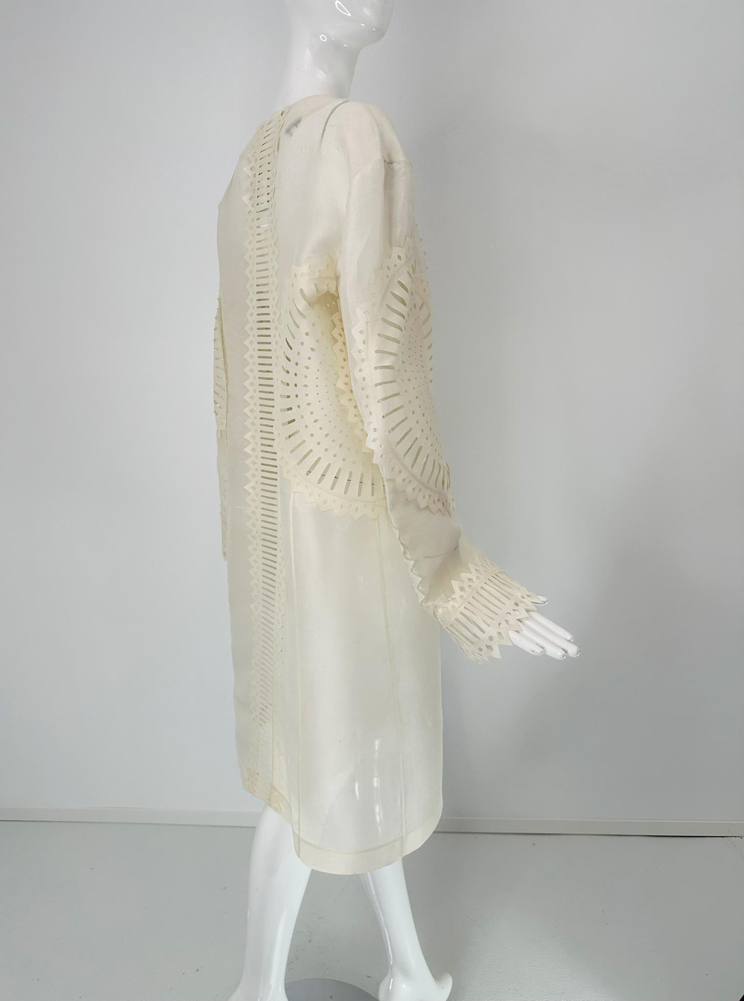 Off White Laser Cut Sheer Silk Blend Art to Wear Tie Front Coat M-L For Sale 1
