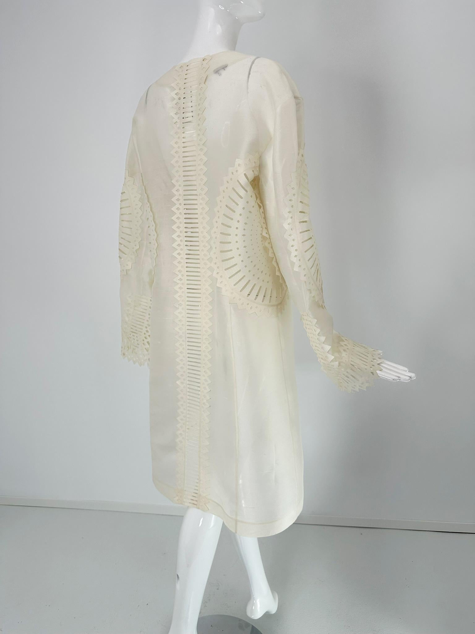 Off White Laser Cut Sheer Silk Blend Art to Wear Tie Front Coat M-L For Sale 2