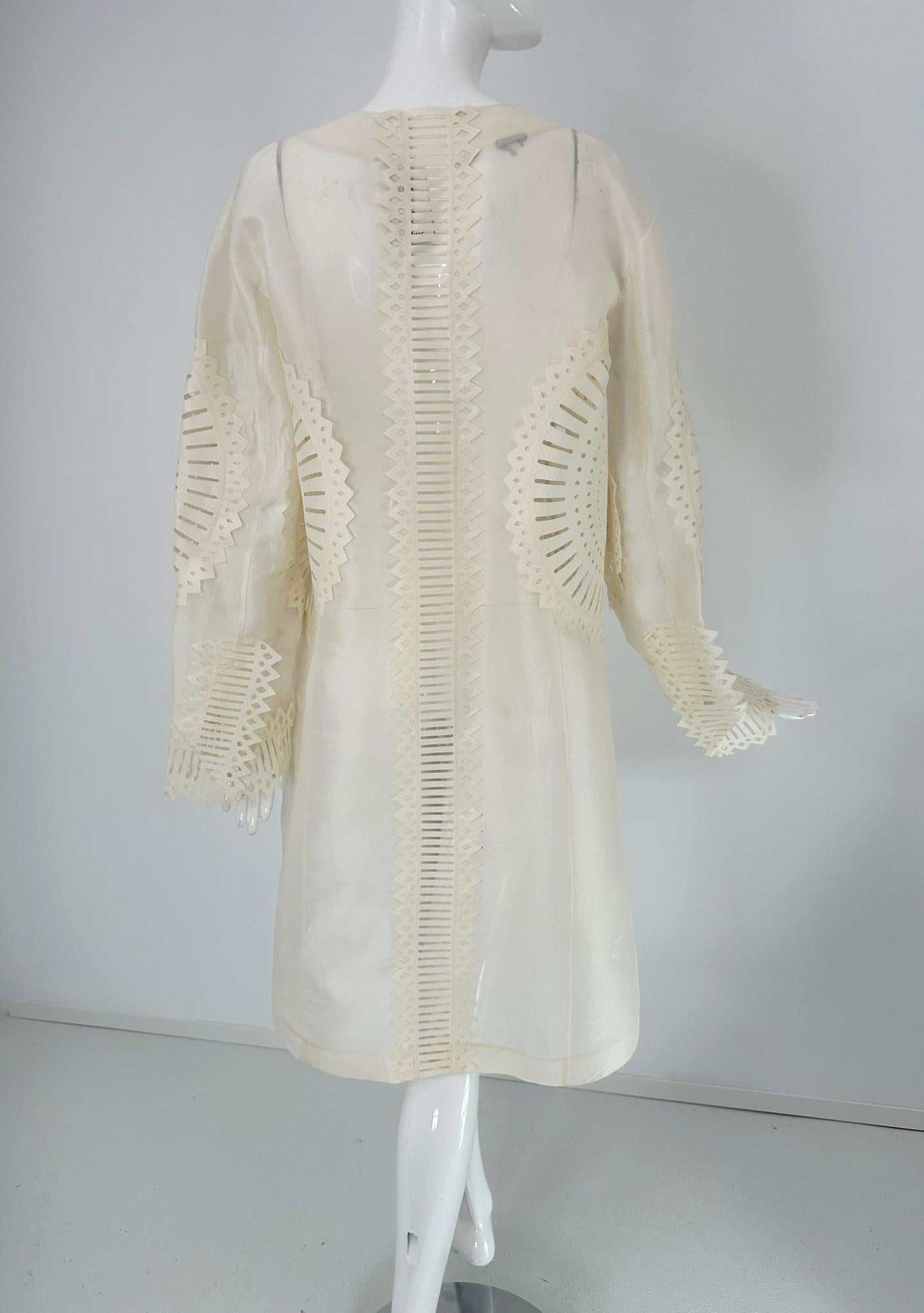 Off White Laser Cut Sheer Silk Blend Art to Wear Tie Front Coat M-L For Sale 3