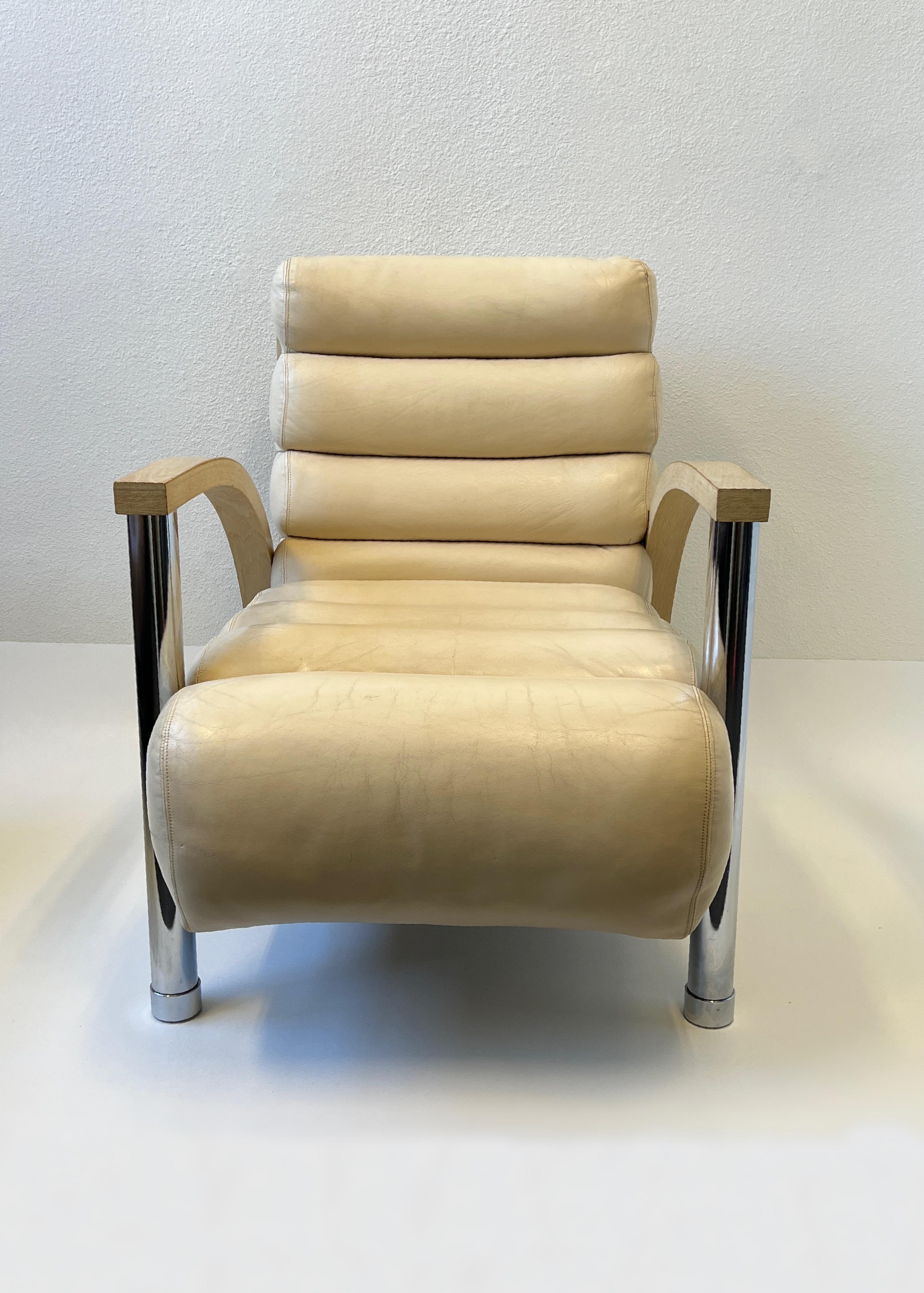 Modern off White Leather and Chrome Lounge Chair by Jay Spectre  For Sale