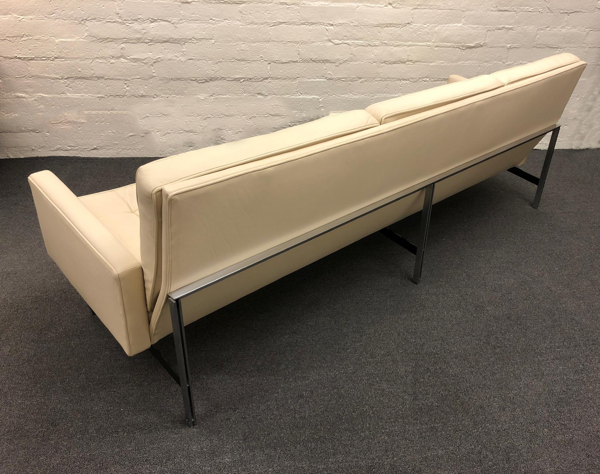 American off White Leather and Stainless Steel Parallel Bar Sofa by Florence Knoll  For Sale