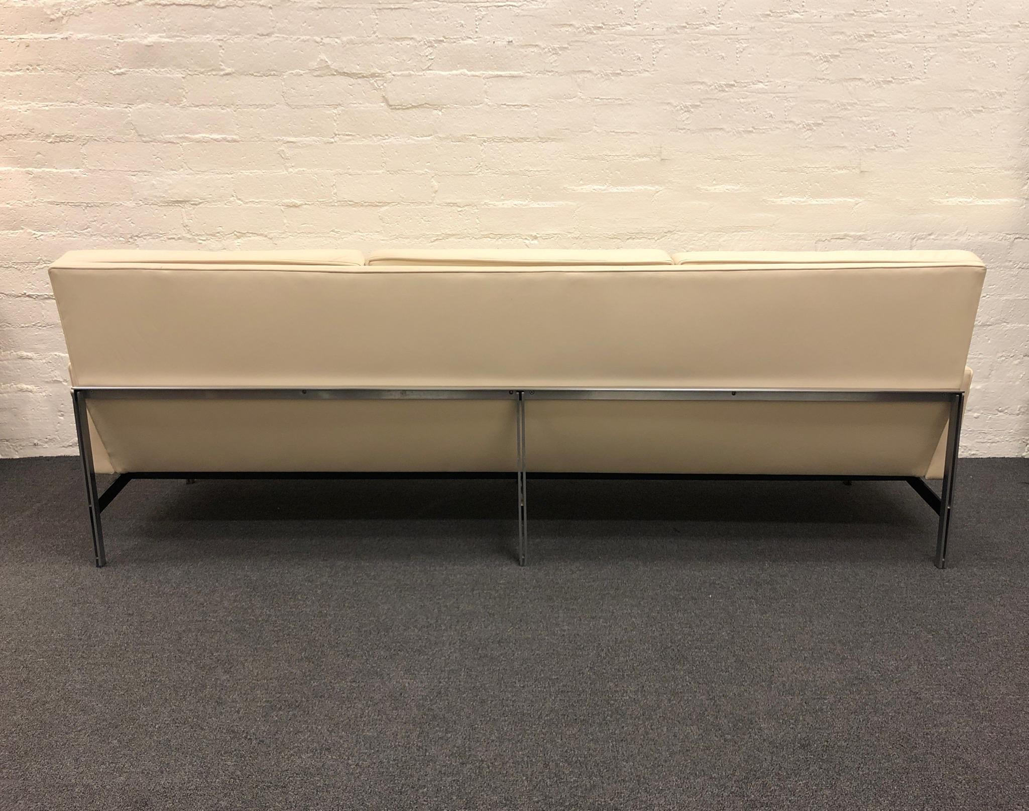 Brushed off White Leather and Stainless Steel Parallel Bar Sofa by Florence Knoll  For Sale