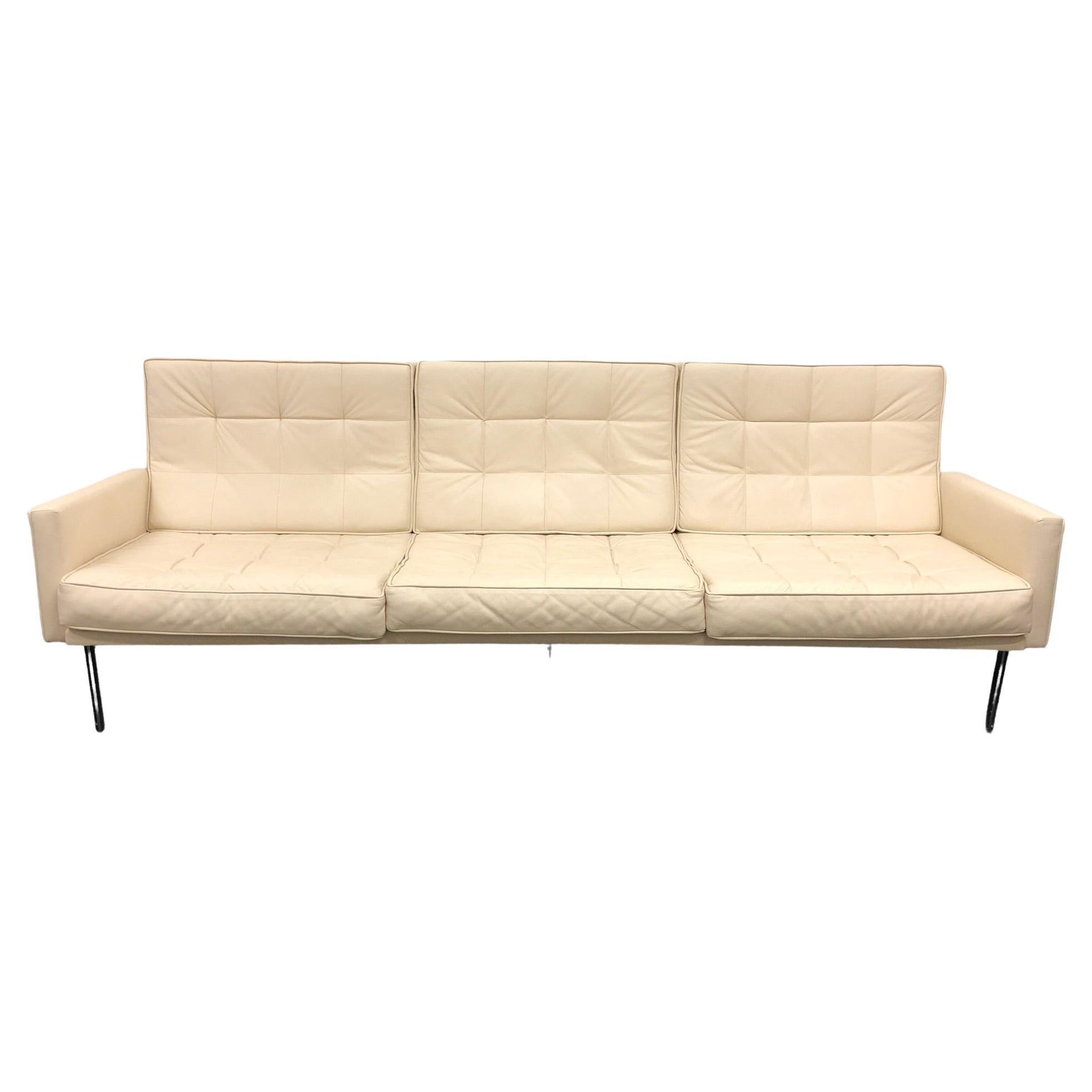 off White Leather and Stainless Steel Parallel Bar Sofa by Florence Knoll  For Sale
