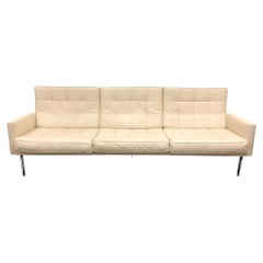 off White Leather and Stainless Steel Parallel Bar Sofa by Florence Knoll 
