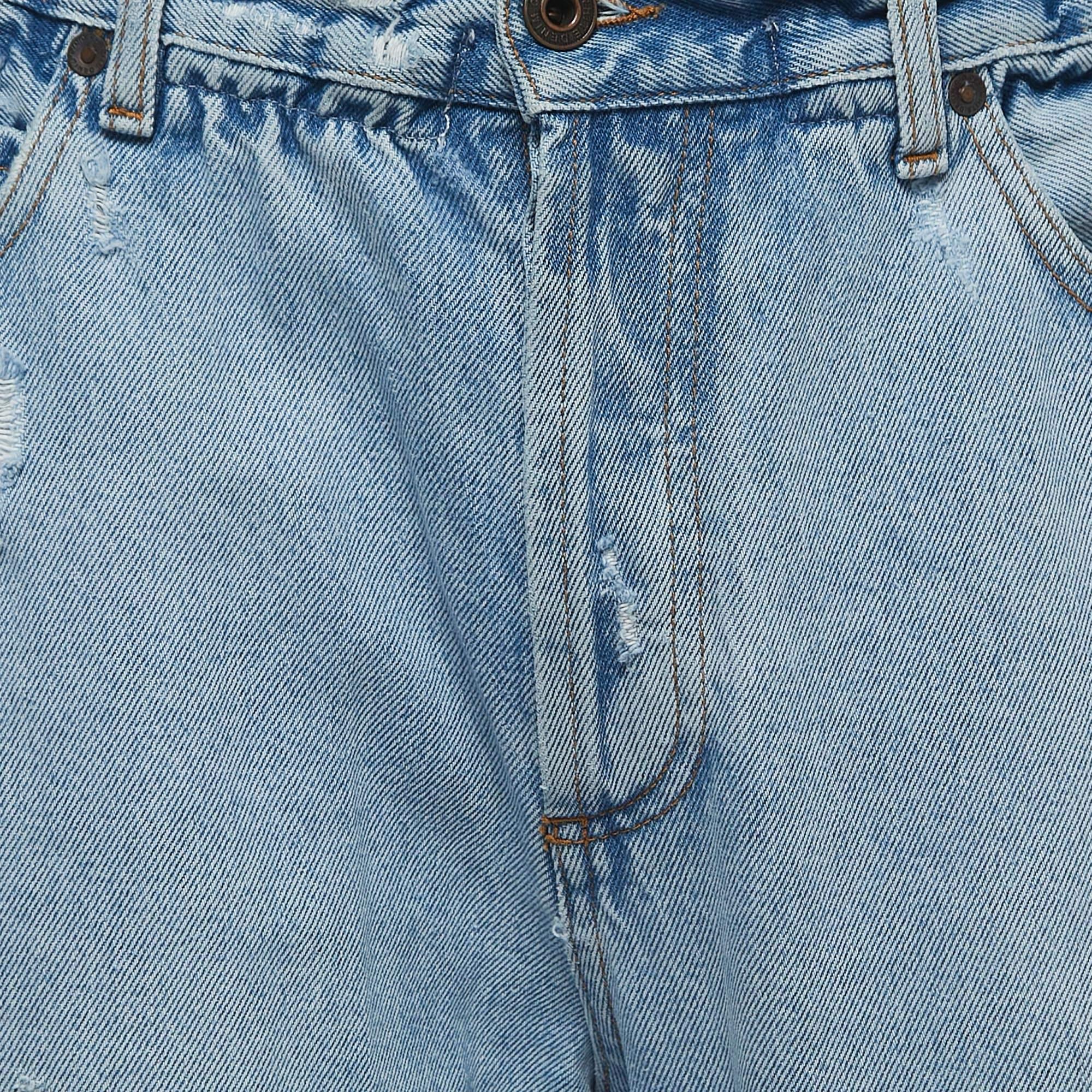 Off-White Light Blue Distressed Denim Buttoned Paperbag Waist Jeans M Waist 30