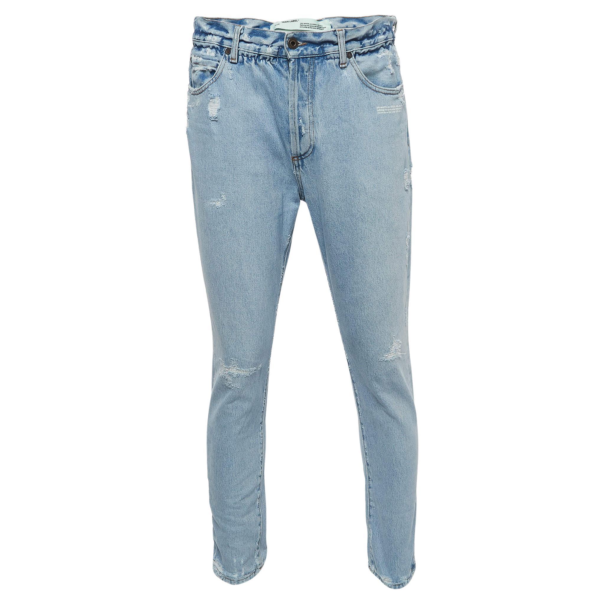 Off-White Light Blue Distressed Denim Buttoned Paperbag Waist Jeans M Waist 30" For Sale