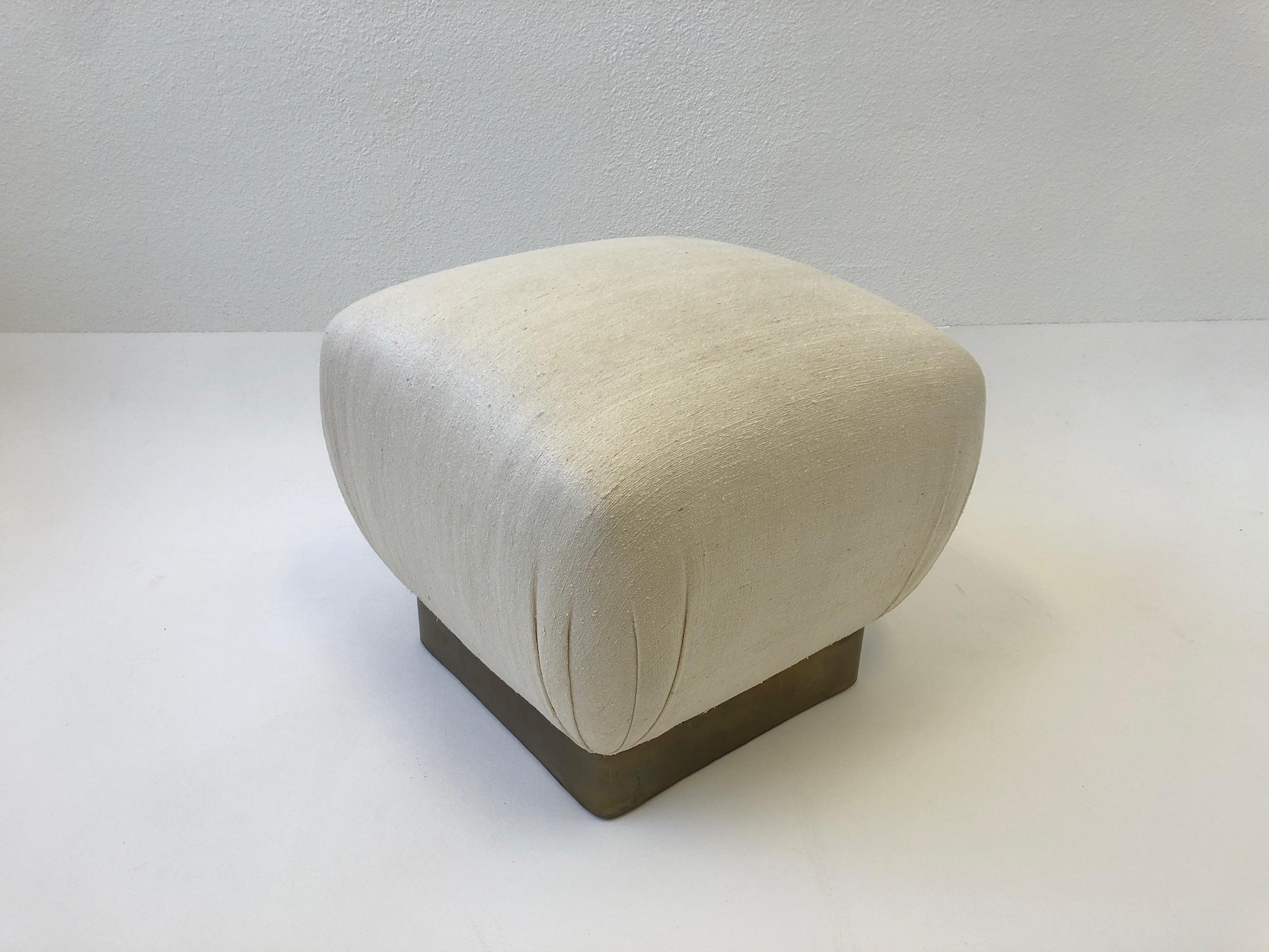 Modern Off White Linen and Aged Brass Pouf by Marge Carson
