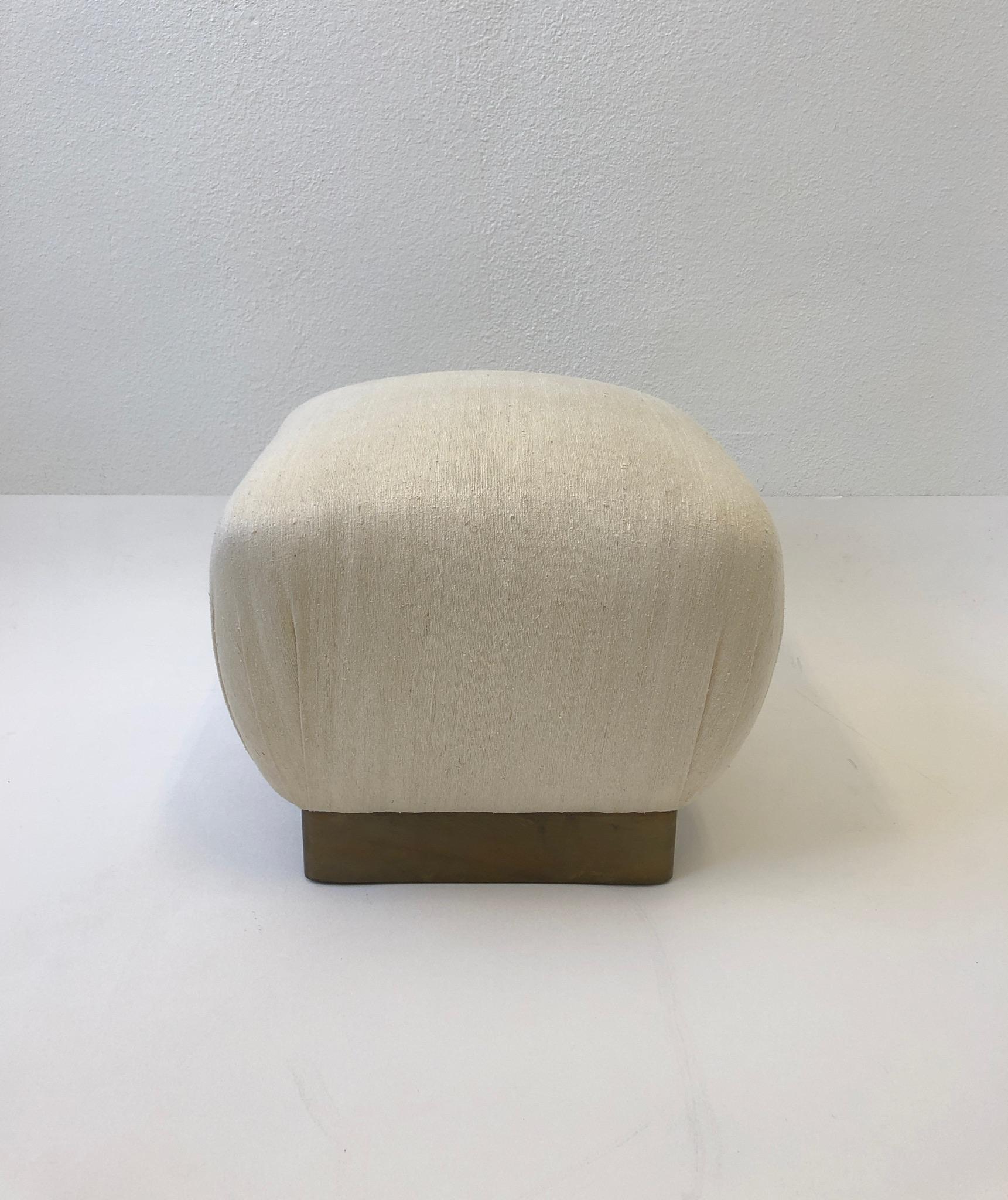 American Off White Linen and Aged Brass Pouf by Marge Carson