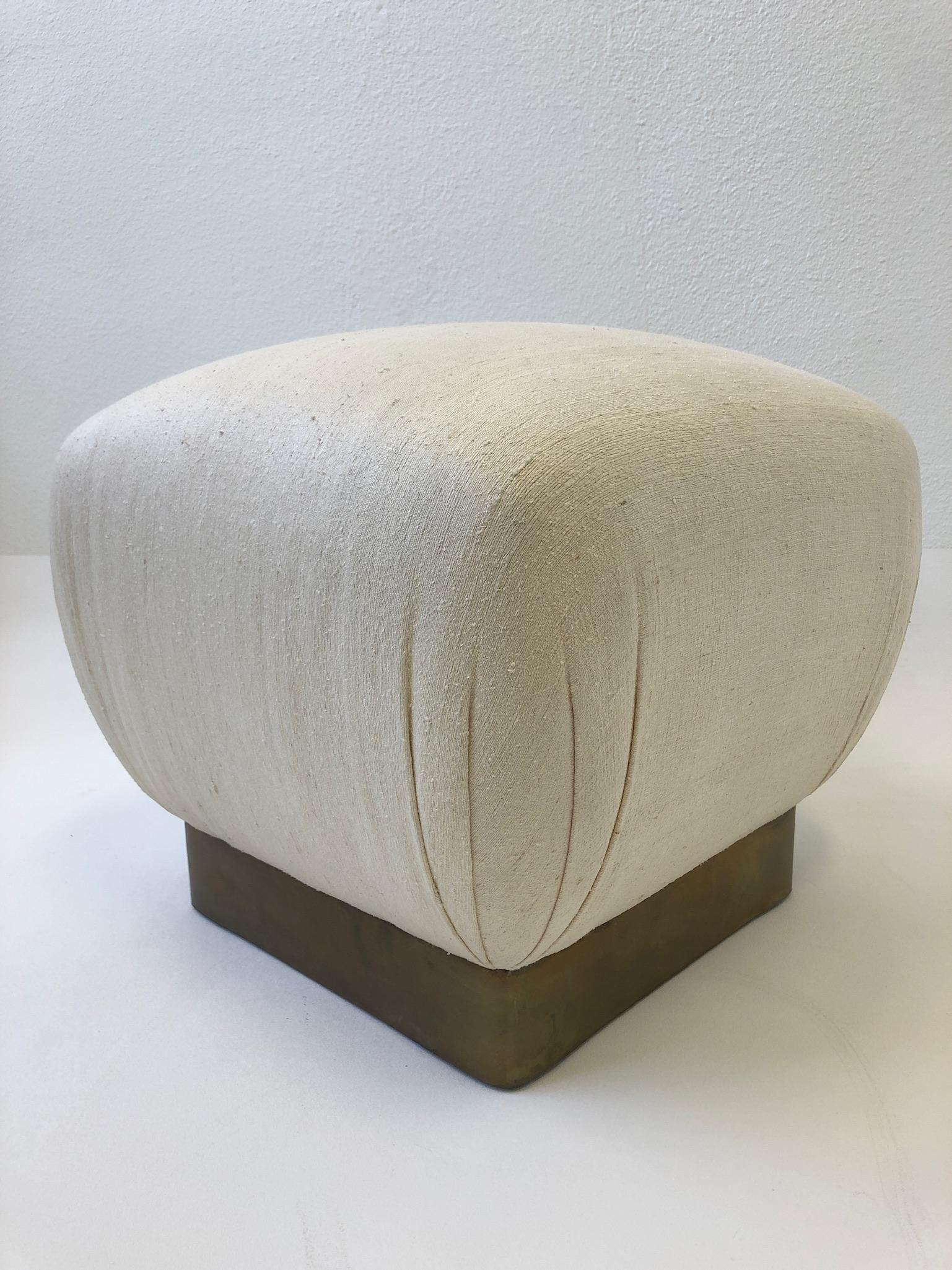 Off White Linen and Aged Brass Pouf by Marge Carson In Good Condition In Palm Springs, CA