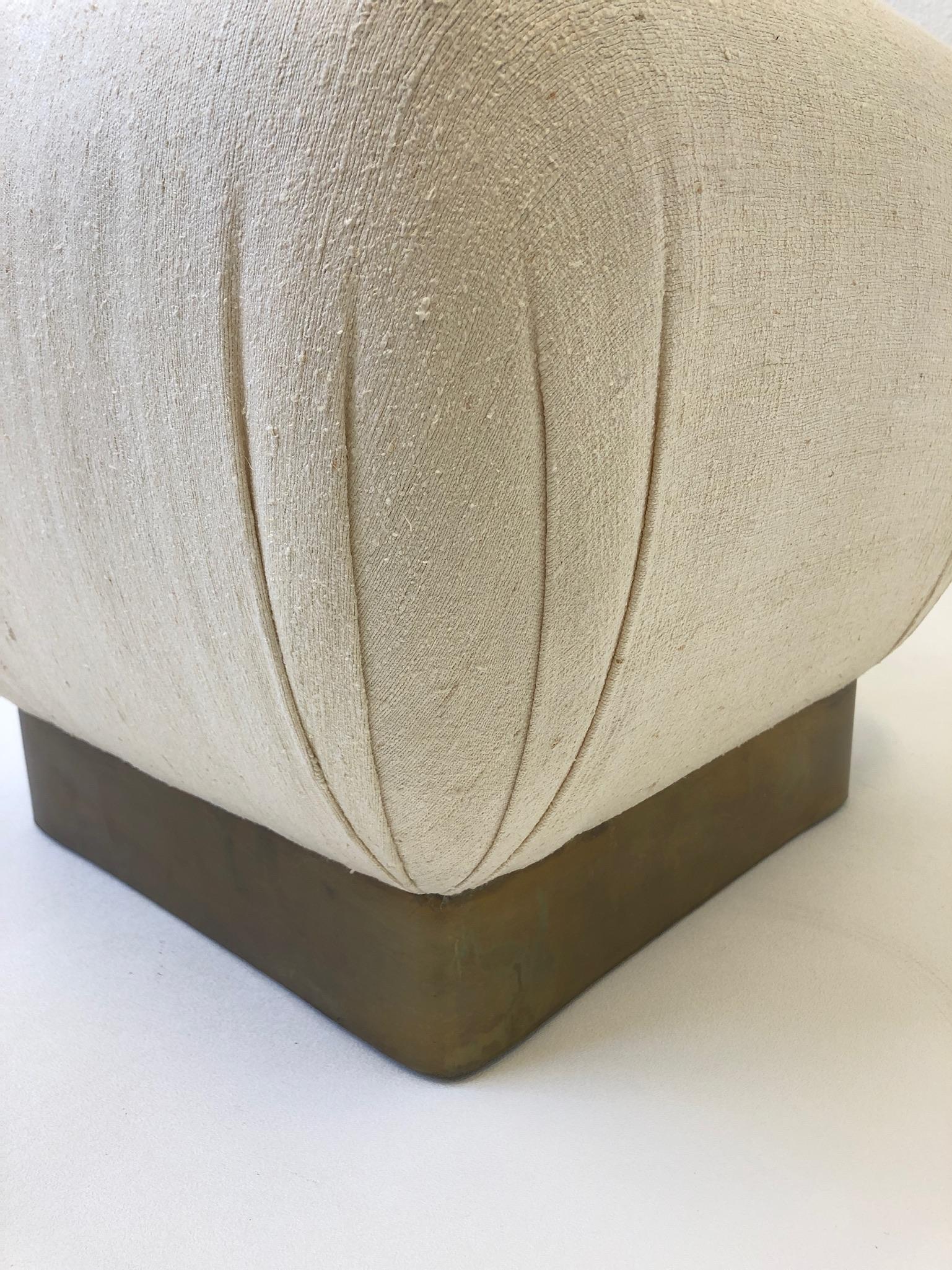 Late 20th Century Off White Linen and Aged Brass Pouf by Marge Carson