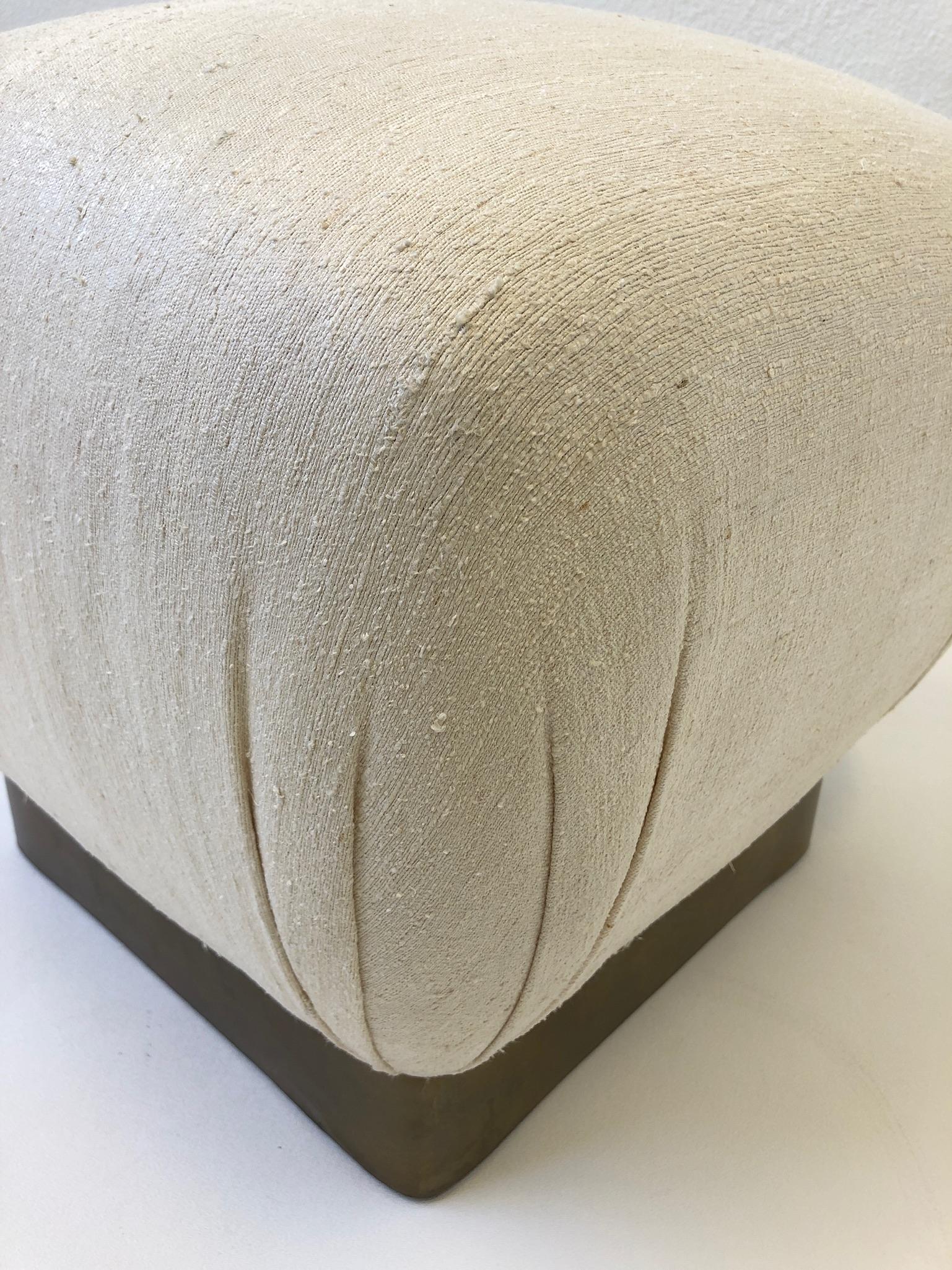 Off White Linen and Aged Brass Pouf by Marge Carson 1