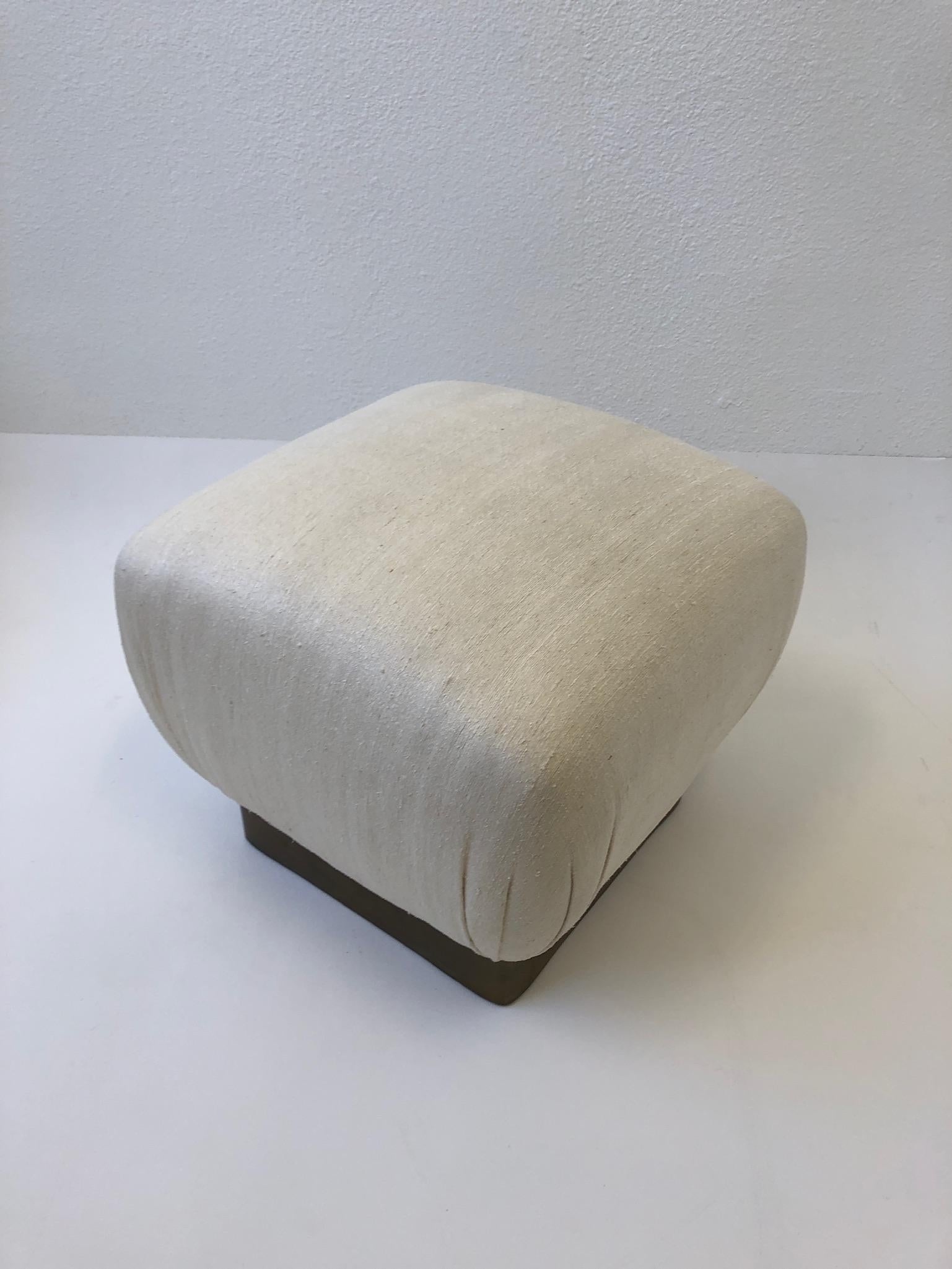 Off White Linen and Aged Brass Pouf by Marge Carson 2