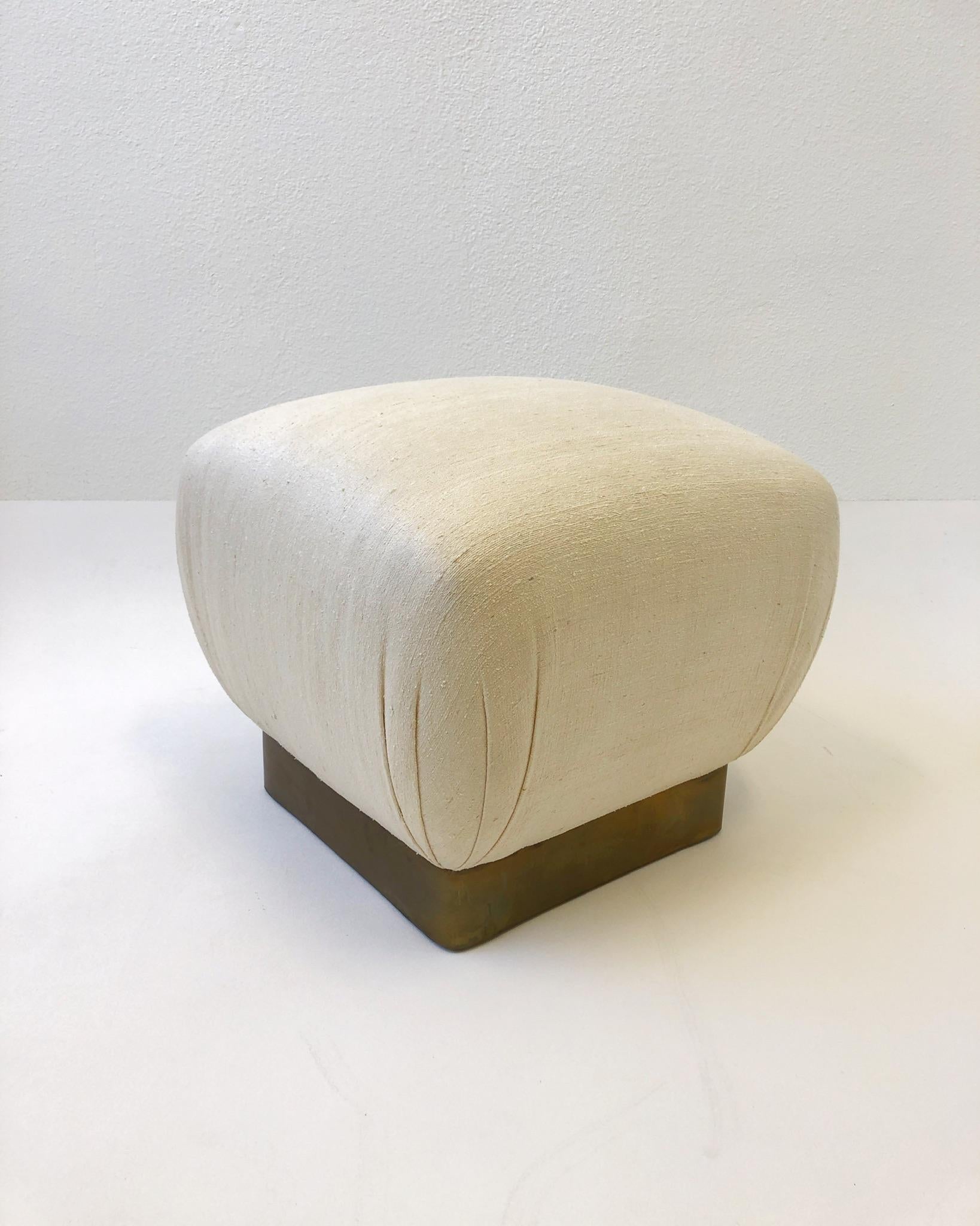 Off White Linen and Aged Brass Pouf by Marge Carson 3