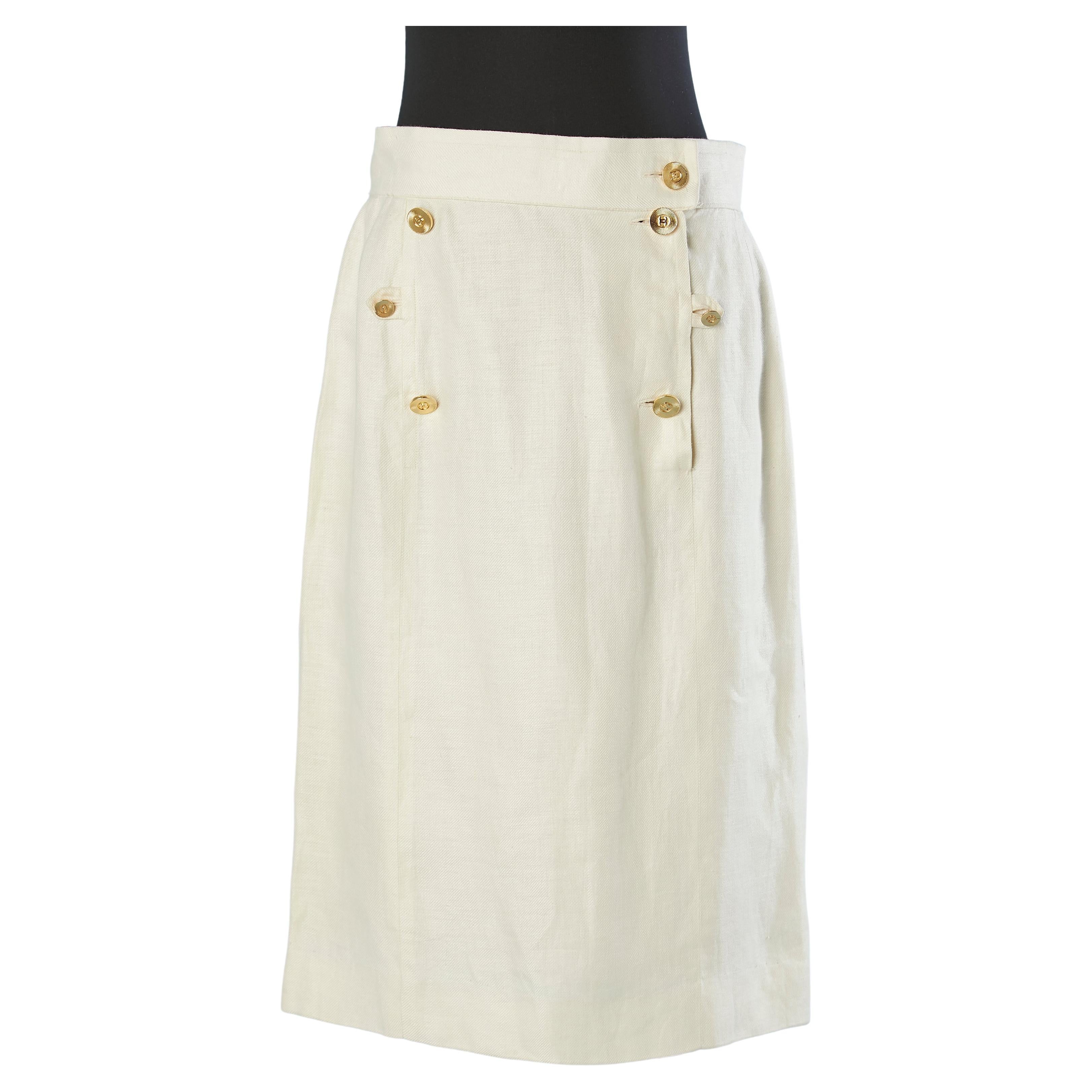 Off-white linen skirt with gold metal branded buttons Chanel  For Sale