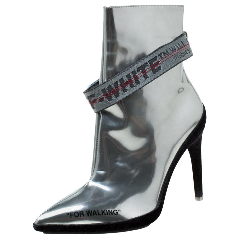 Off-White Metallic Silver Leather For Walking Pointed Toe Ankle Boots Size 36