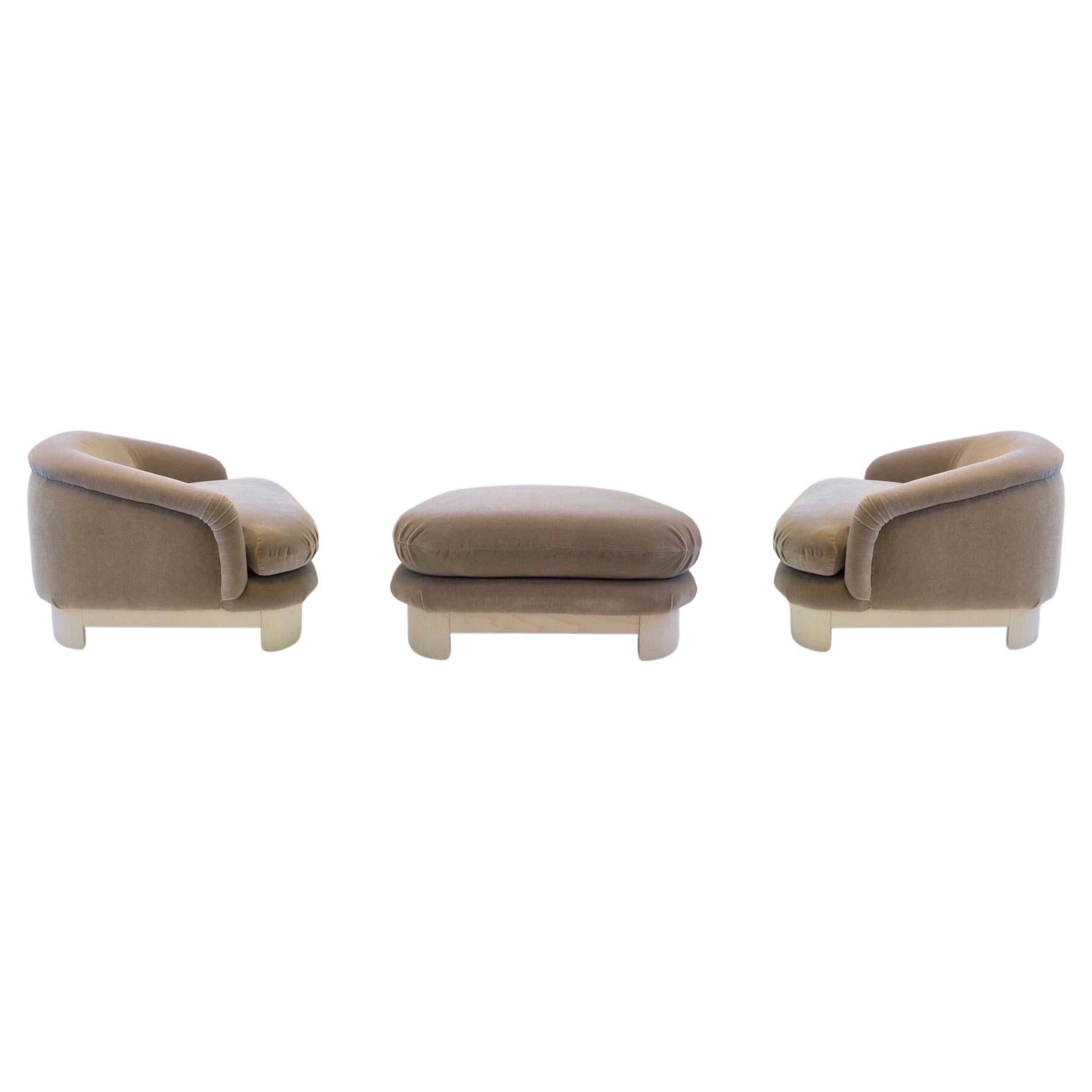Off White Mohair and Whitewash Oak Lounge Chairs and Ottoman by Thayer Coggin 