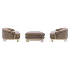 Off White Mohair and Whitewash Oak Lounge Chairs and Ottoman by Thayer Coggin 