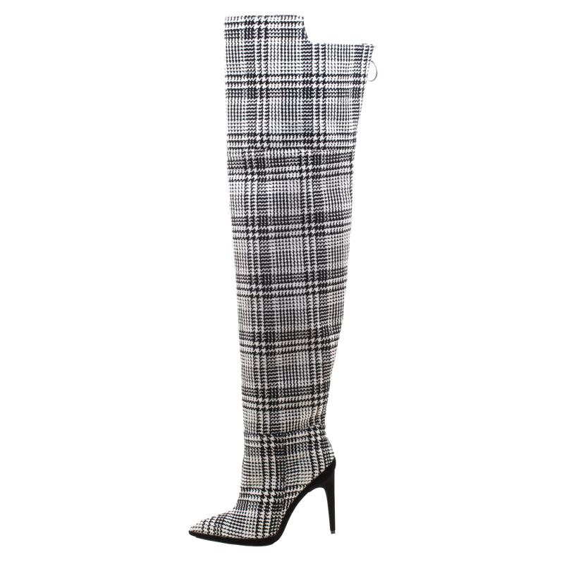Off-White Monochrome Tartan Plaid Over The Knee Boots Size 38