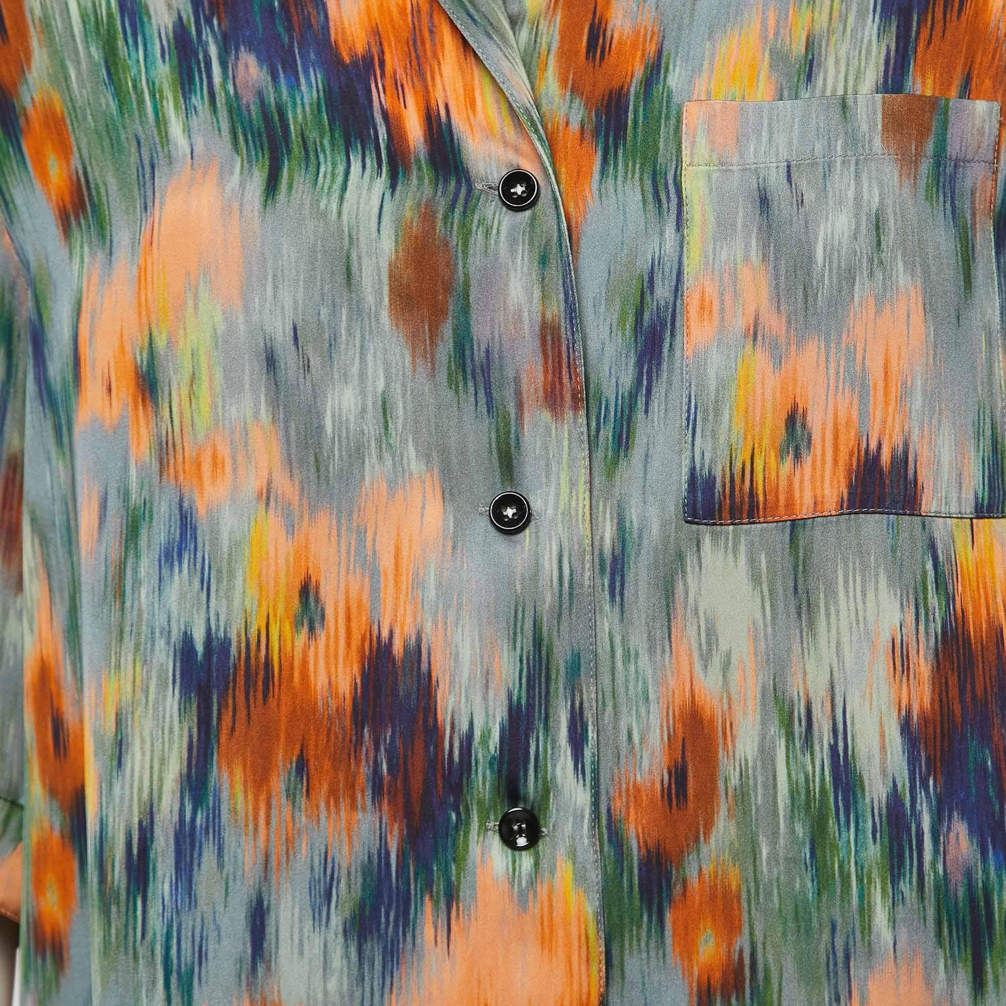 Brown Off-White Multicolor Romantic Print Satin Bowling Shirt S