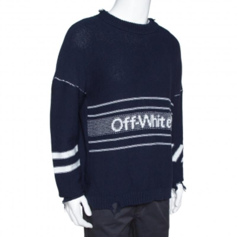 Off White Navy Blue Logo Intarsia Knit Distressed Jumper S (Schwarz) im Angebot