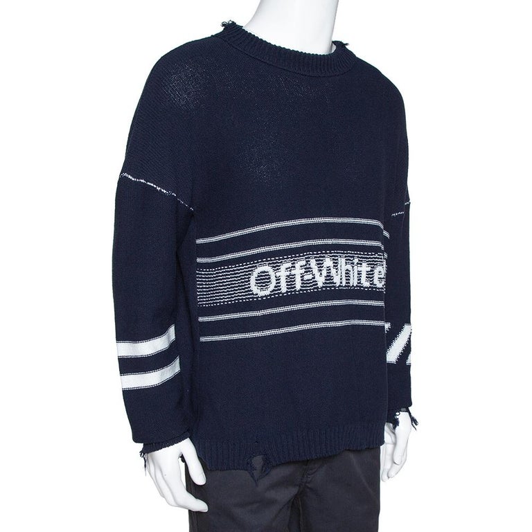 Off White Navy Blue Intarsia Distressed Jumper S For Sale at 1stDibs | off white jumper sale, off white intarsia off-white logo intarsia knitted jumper